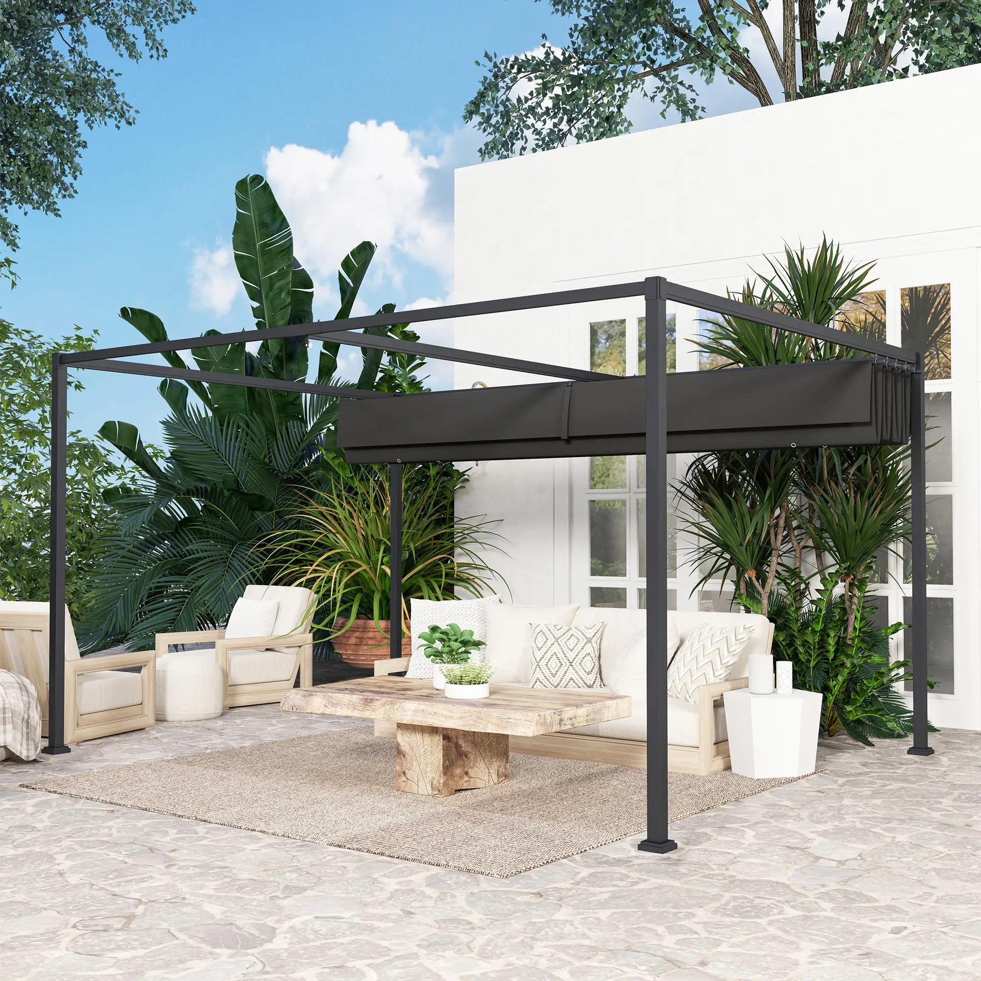 4 x 3m Metal Pergola, with Retractable Canopy Roof - Black Bargain Clearance Centre
