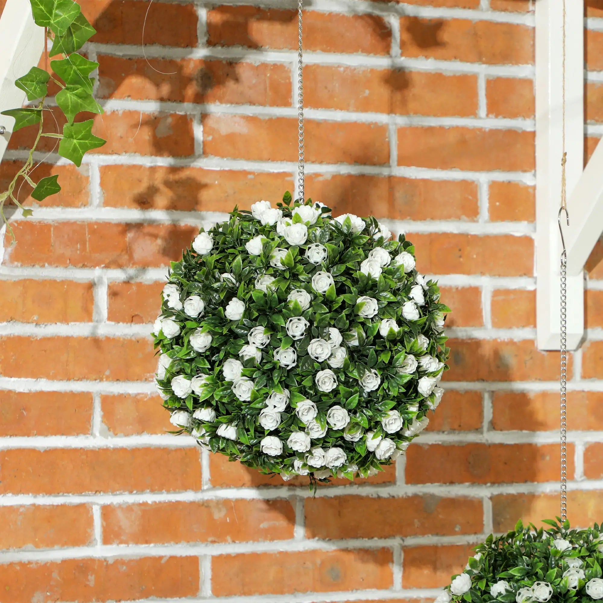 Set of 2 Decorative Artificial Plants, UV-protected Artificial Plant Topiary Rose Balls, Fake Plants for Home Indoor outdoor Decor, 28cm, White Bargain Clearance Centre