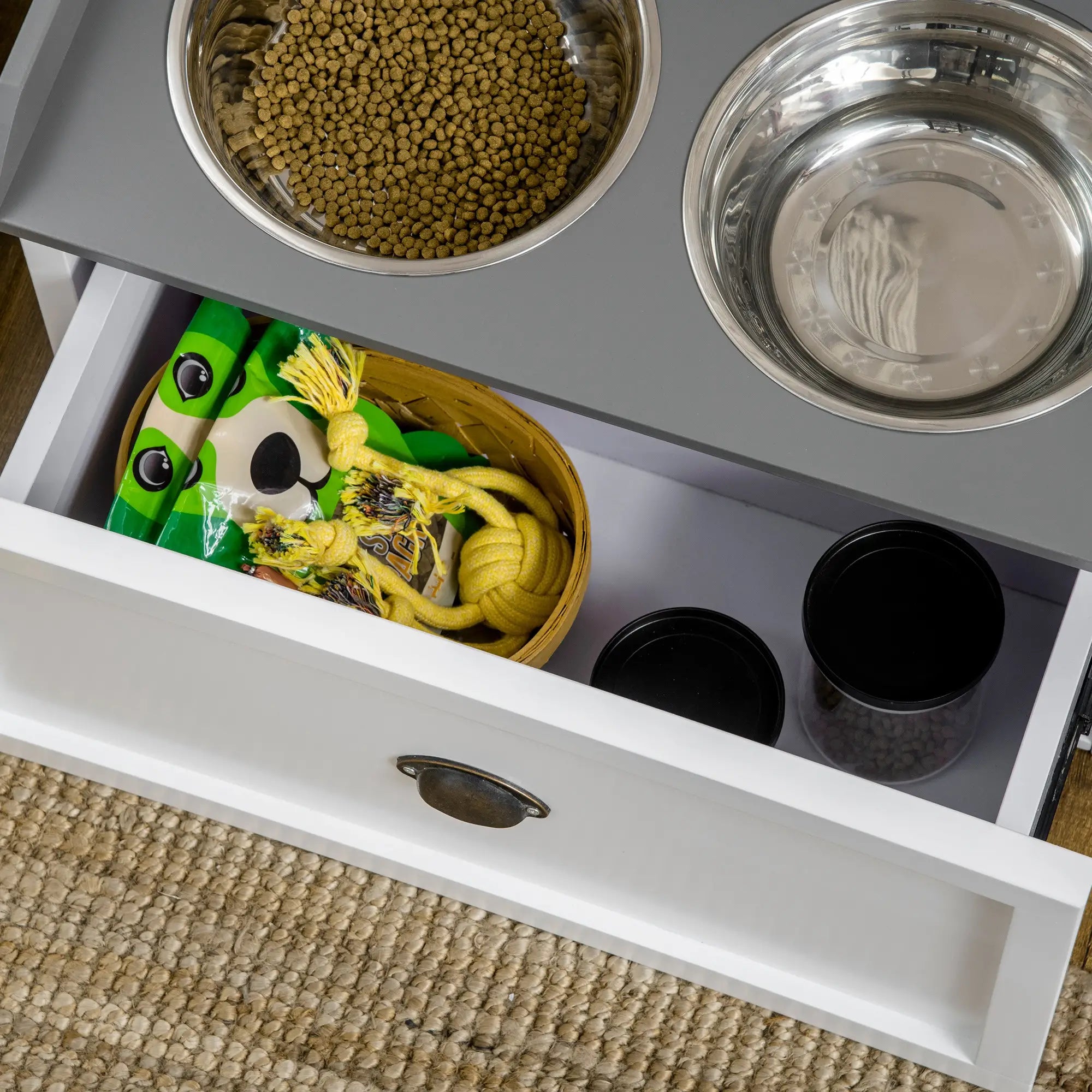 Stainless Steel Raised Dog Bowls, with 21L Storage Drawer for Large Dogs and Cats - White