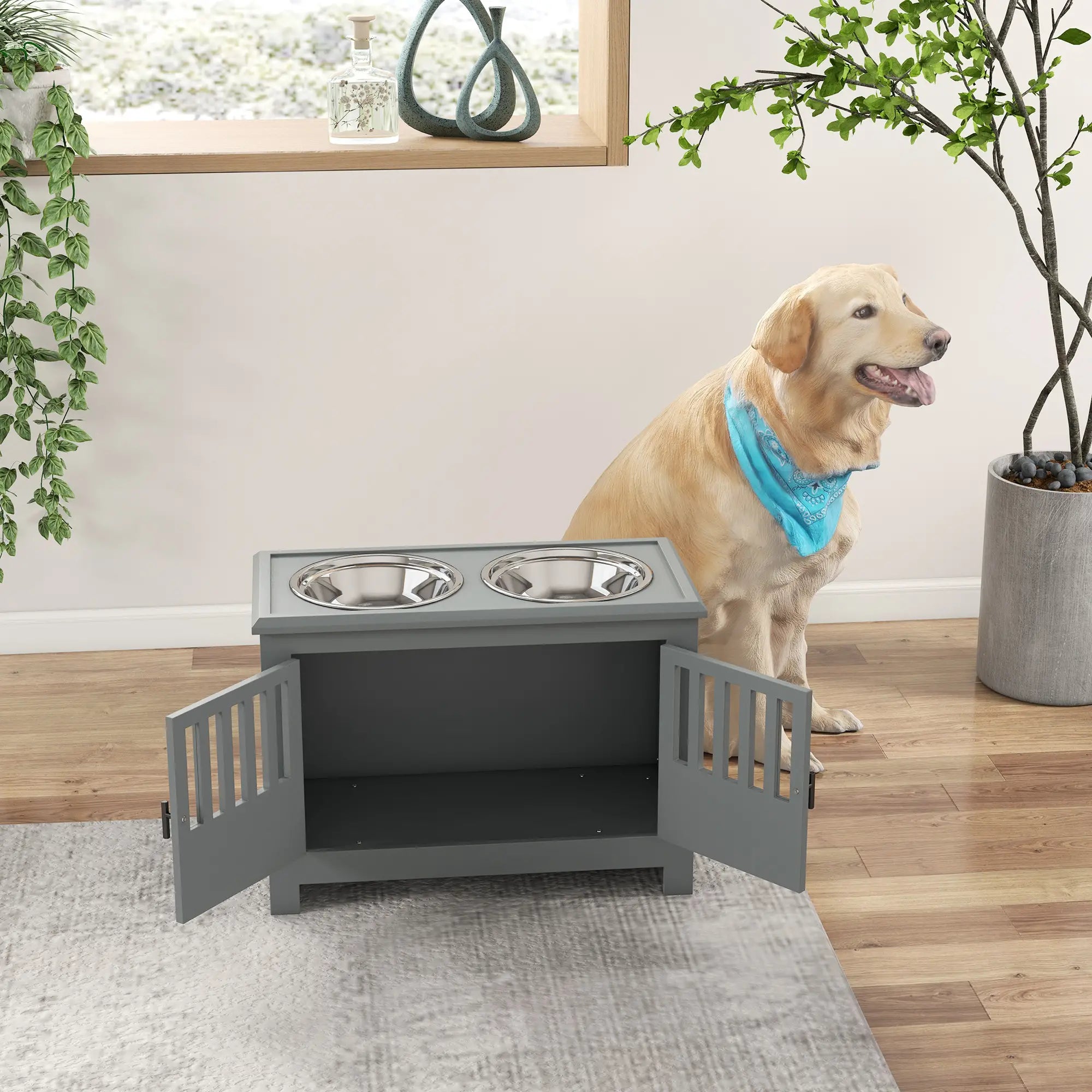 Raised Dog Bowls, Pet Feeding Station, with Storage, Food and Water Bowls, for Large Dogs - Grey