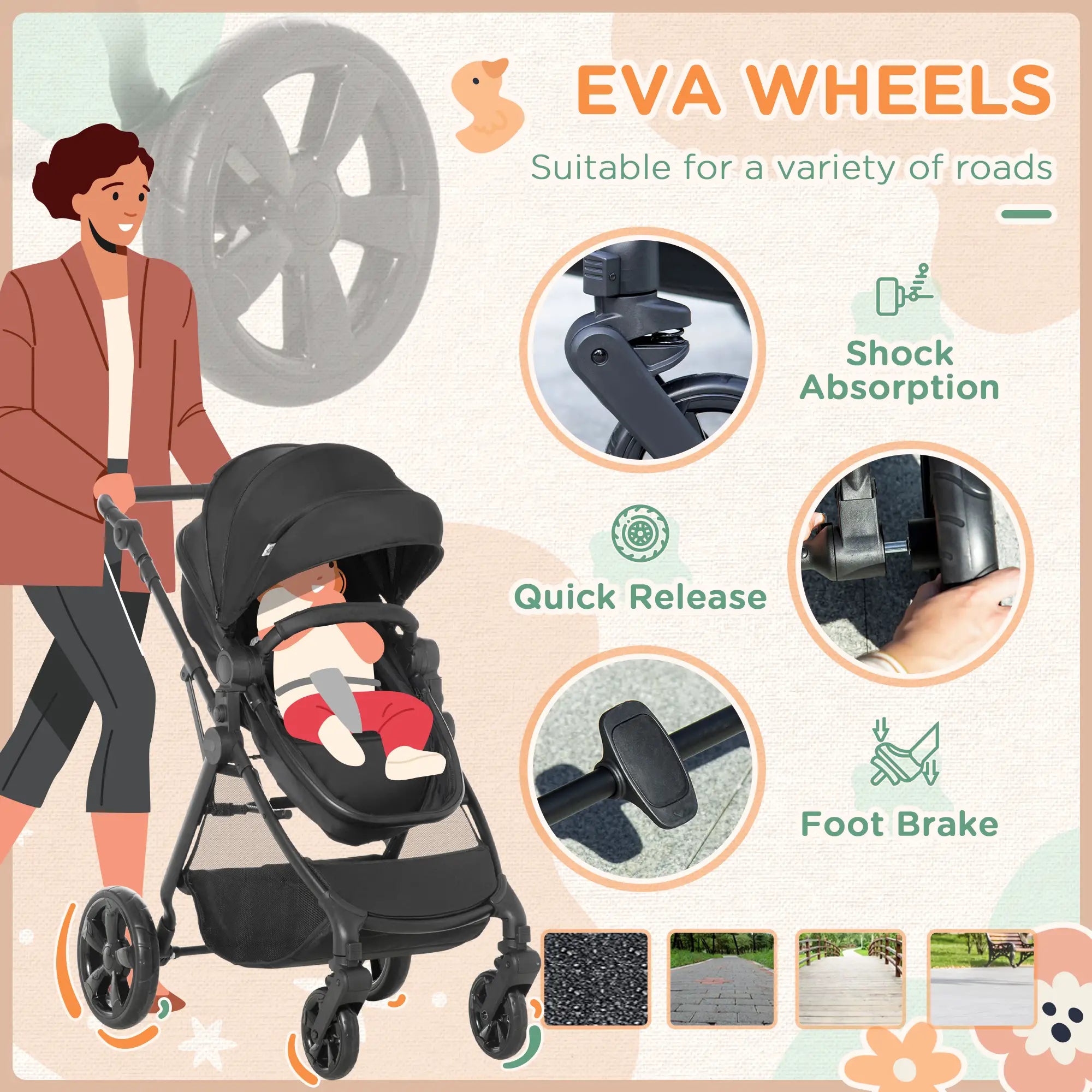 Foldable Baby Stoller, with Reclining Backrest, Adjustable Canopy, for Ages 0-36 Months - Black