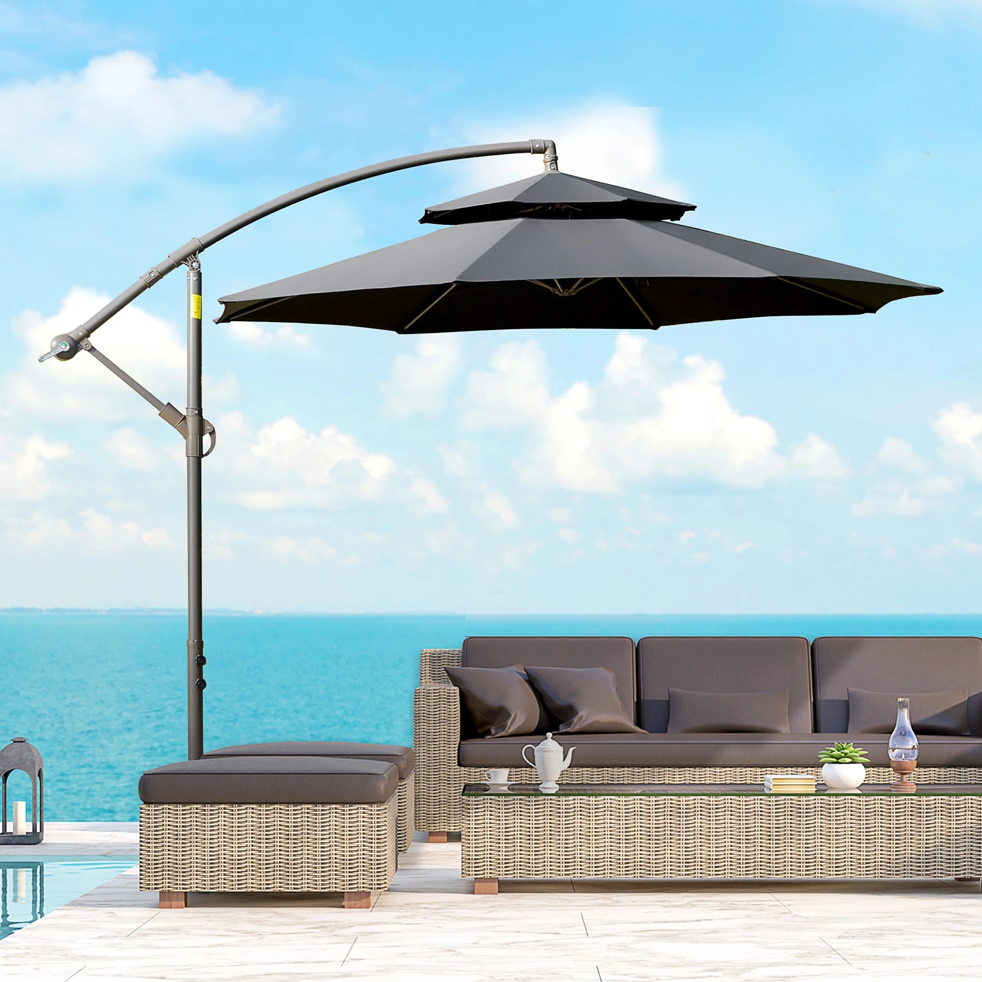 2.7m Banana Parasol Cantilever Umbrella with Crank Handle, Double Tier Canopy and Cross Base for Outdoor, Hanging Sun Shade, Black