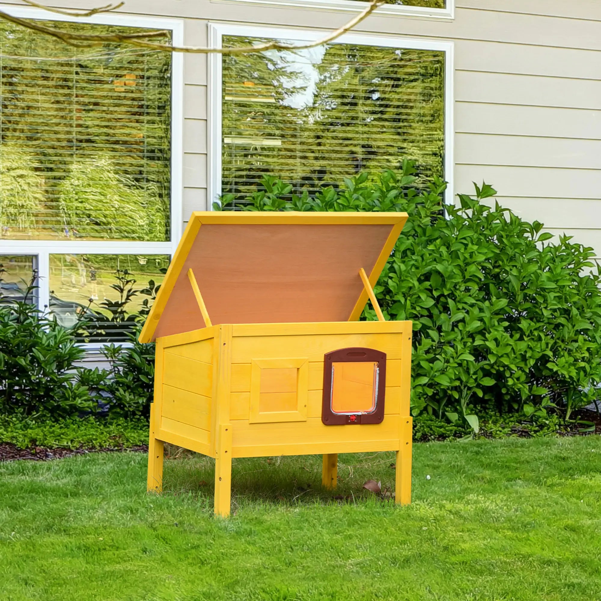 Garden Wooden Cat House Hide Cage Outdoor Pet Play Home Water-resistant Roof Kitty Shelter Kennel w/ith Door & Window