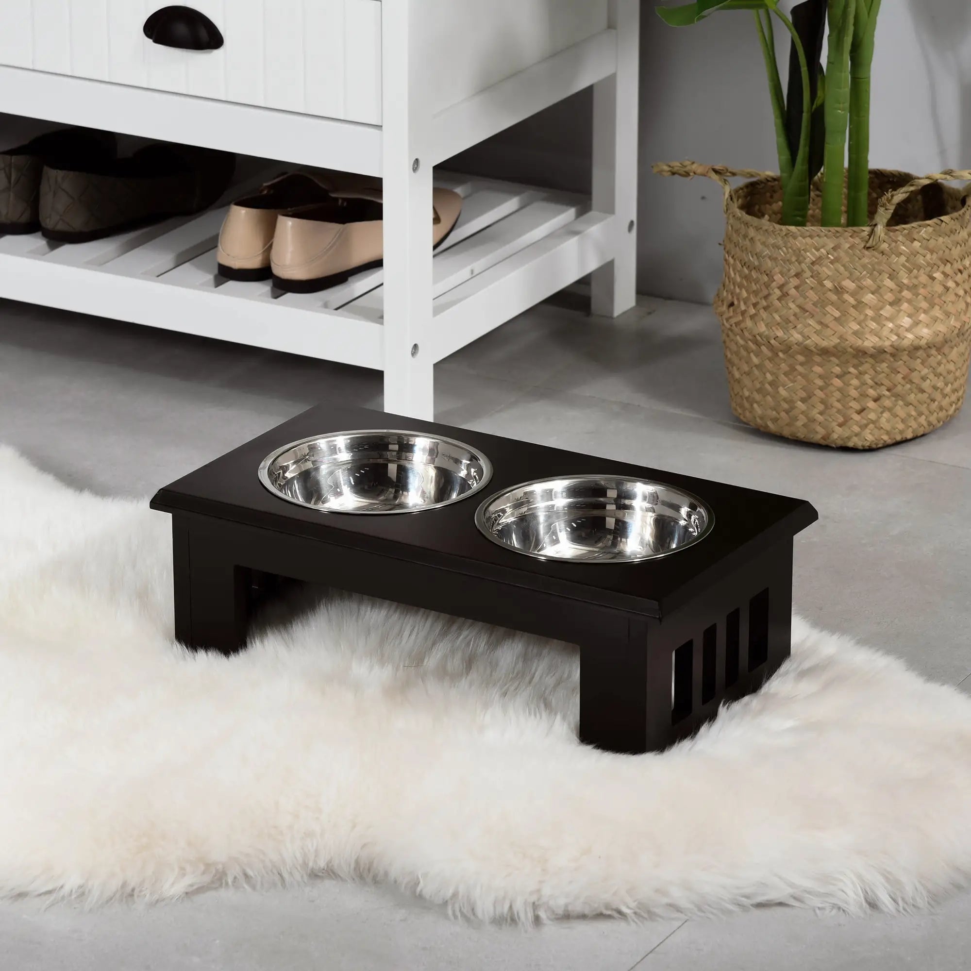 Raised Dog Feeding Bowls with Stand, Stainless Steel for Medium Dog, 58L x 31W x 25H cm - Brown