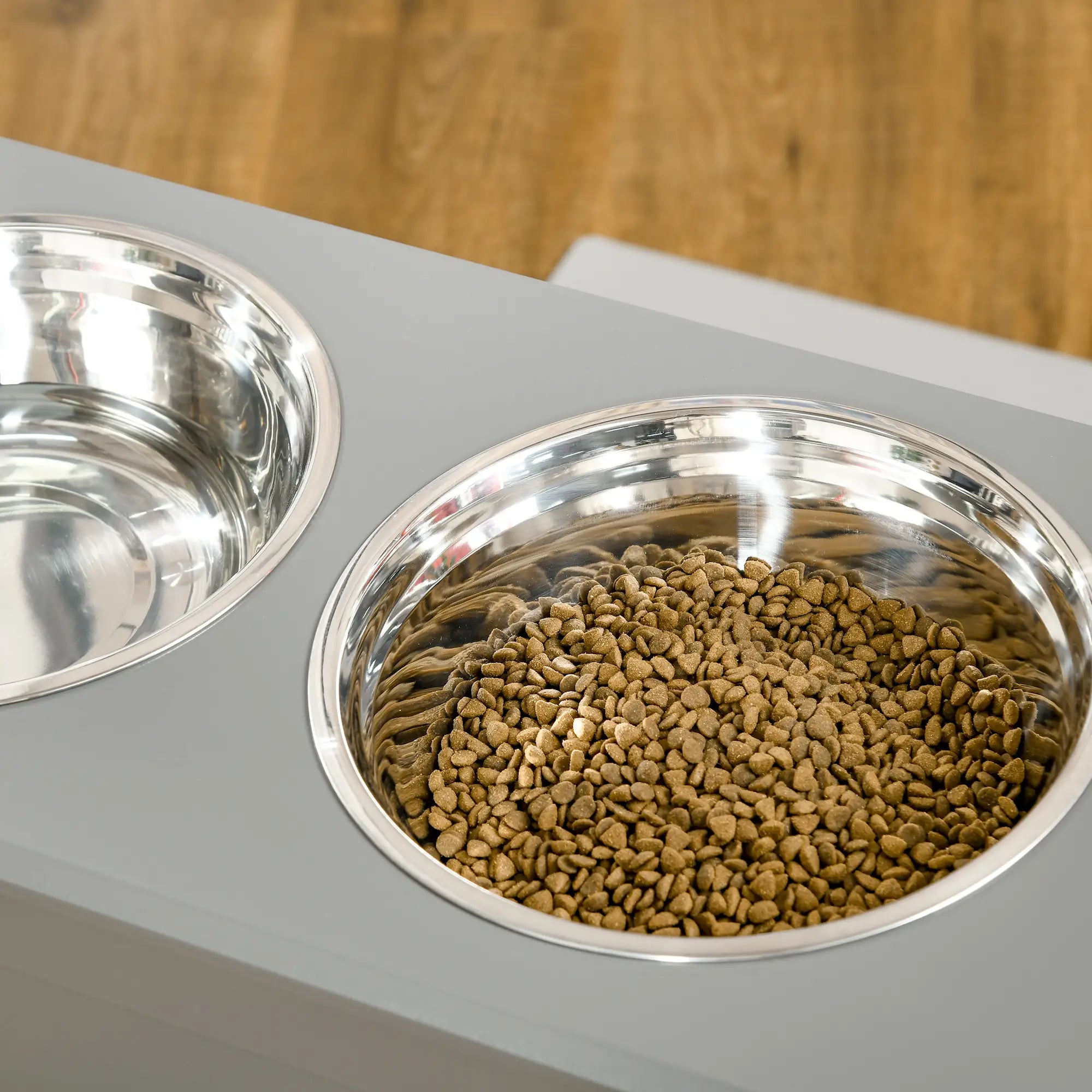 Raised Dog Bowls, with Storage, Two Stainless Steel Bowls, Elevated Base - Grey