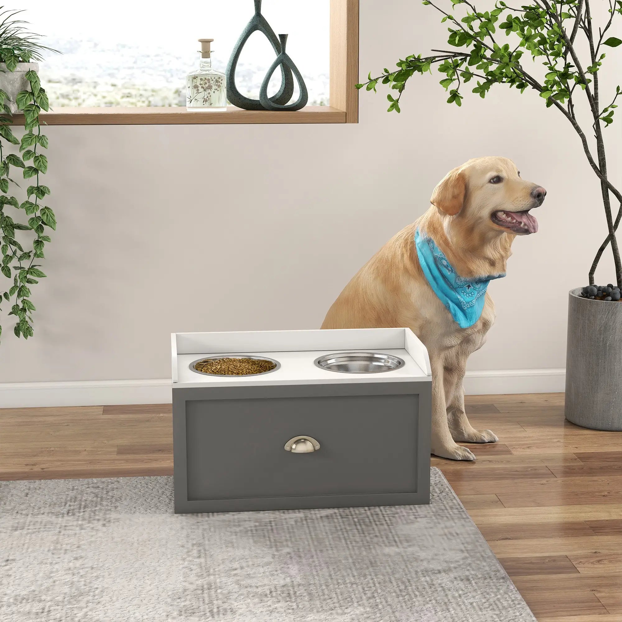 Stainless Steel Raised Dog Bowls, with 21L Storage Drawer for Large Dogs - Grey