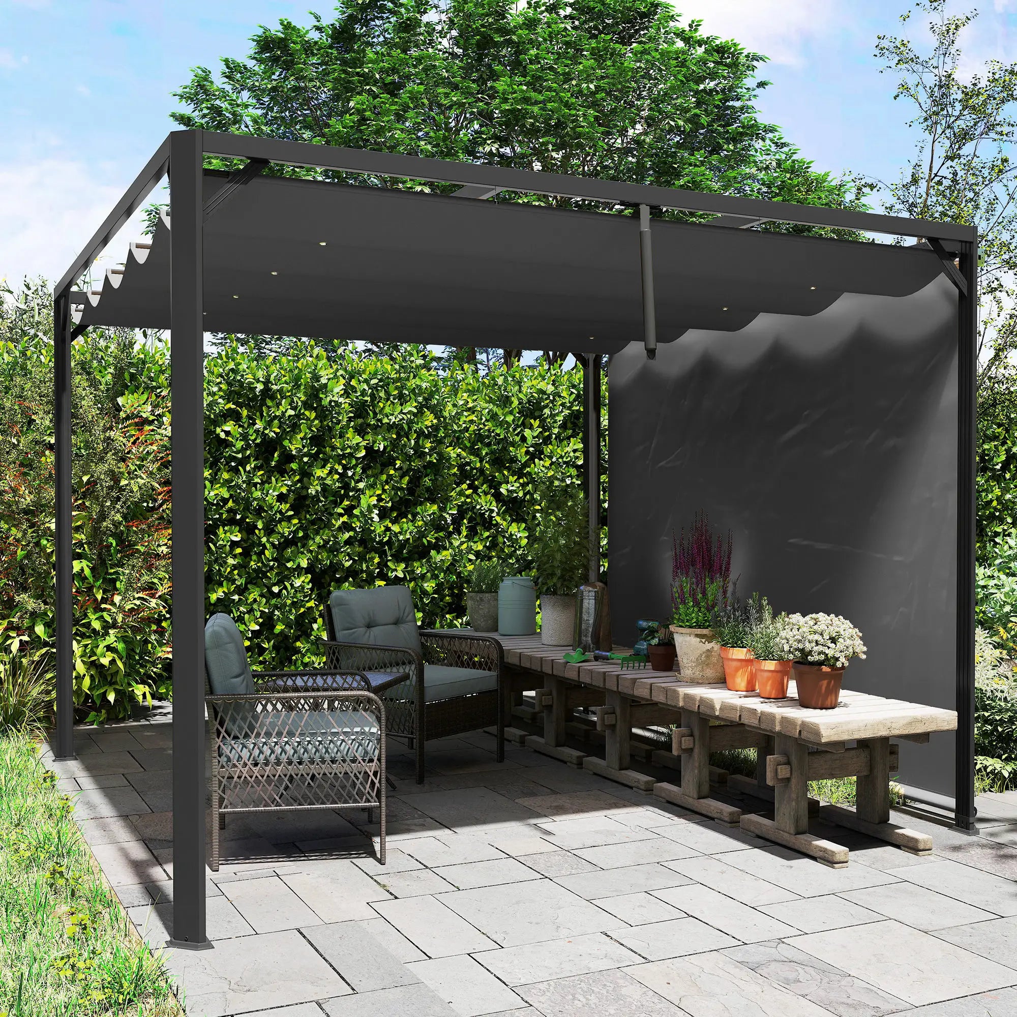 3 x 3m Aluminium Pergola, with Retractable Roof and Wall - Dark Grey