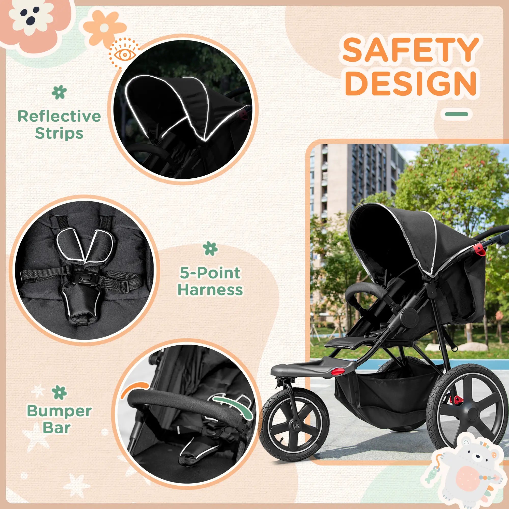 Foldable Three-Wheeler Baby Stroller w/ Canopy, Storage Basket - Black