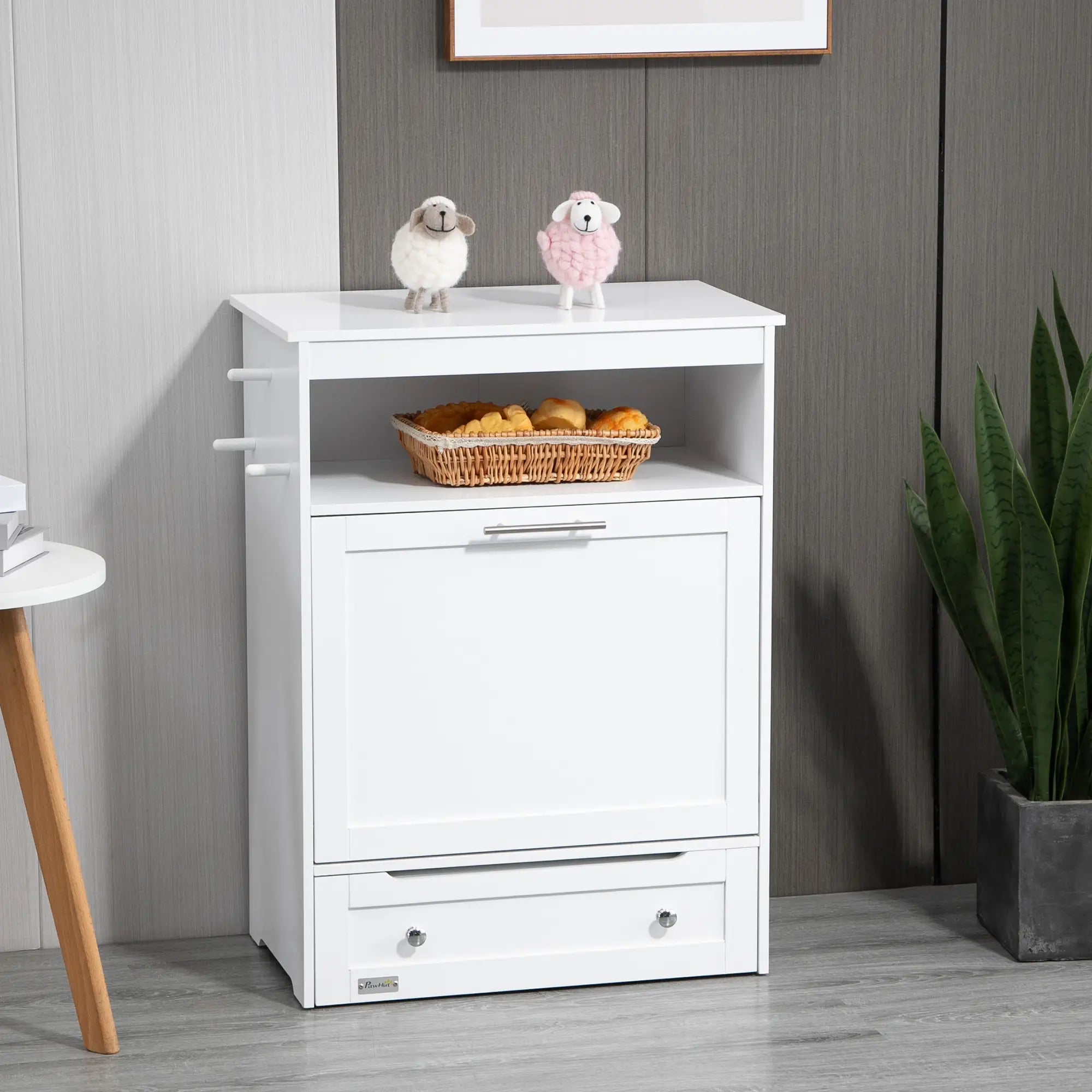 Pet Feeder Station, Dog, Cat Storage Container, with Raised Bowls, Hanger, Cabinet - White