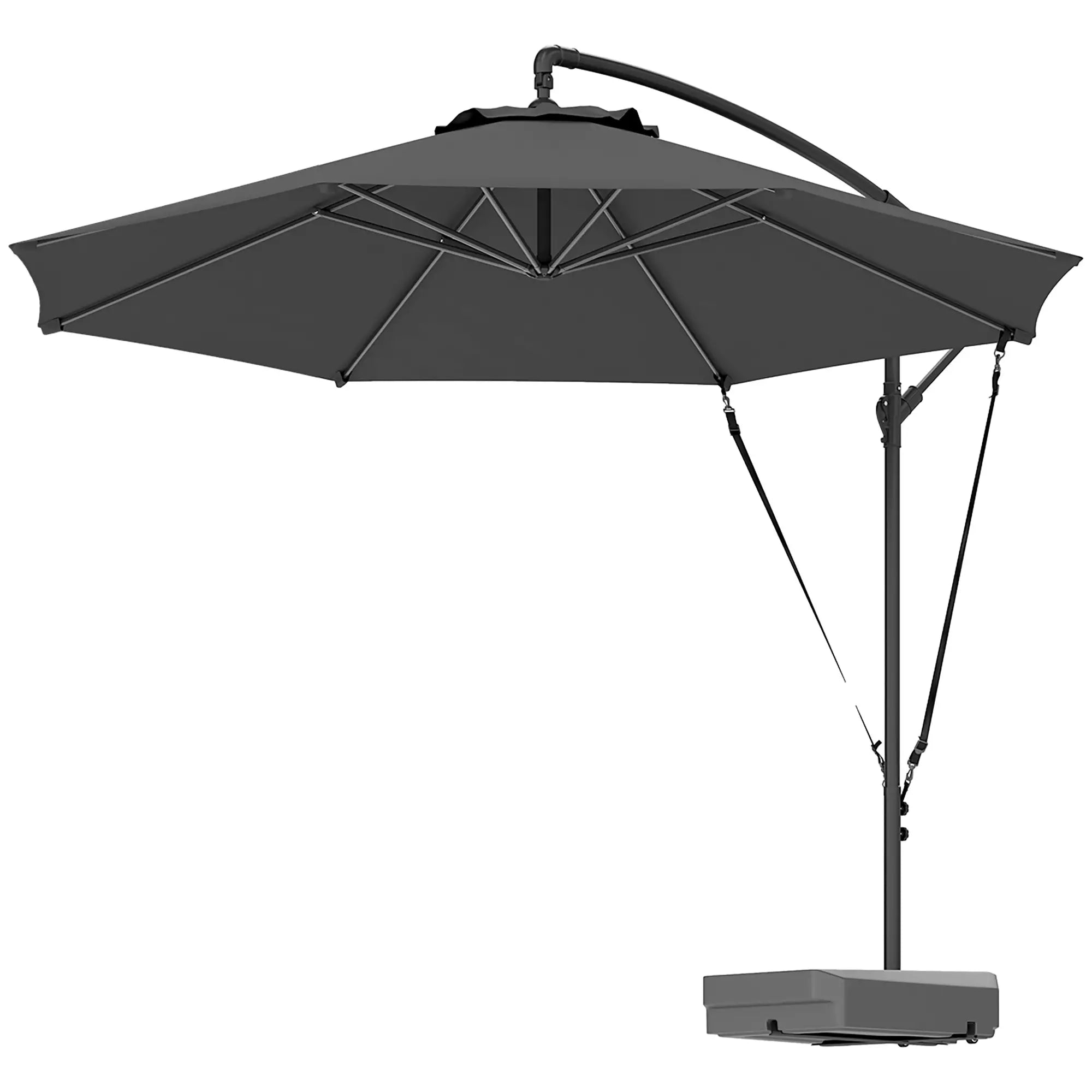 3(m) Garden Cantilever Parasol with Fillable Base up to 90kg, Wind Protection Strap, Cover, Round Banana Hanging Umbrella with Crank Handle and Tilt, UPF50+ Patio Umbrella, Grey