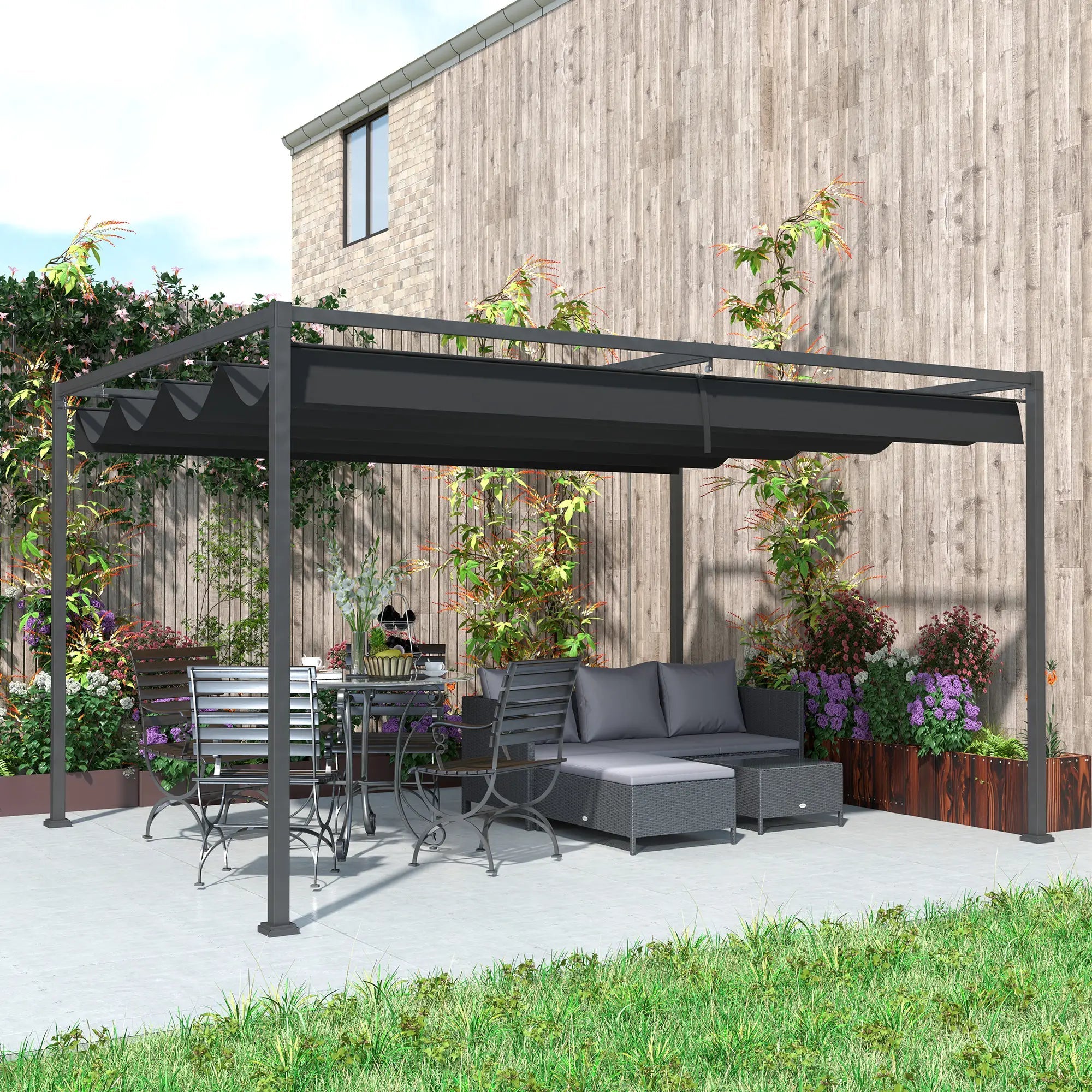 4 x 3m Metal Pergola, with Retractable Canopy Roof - Black Bargain Clearance Centre