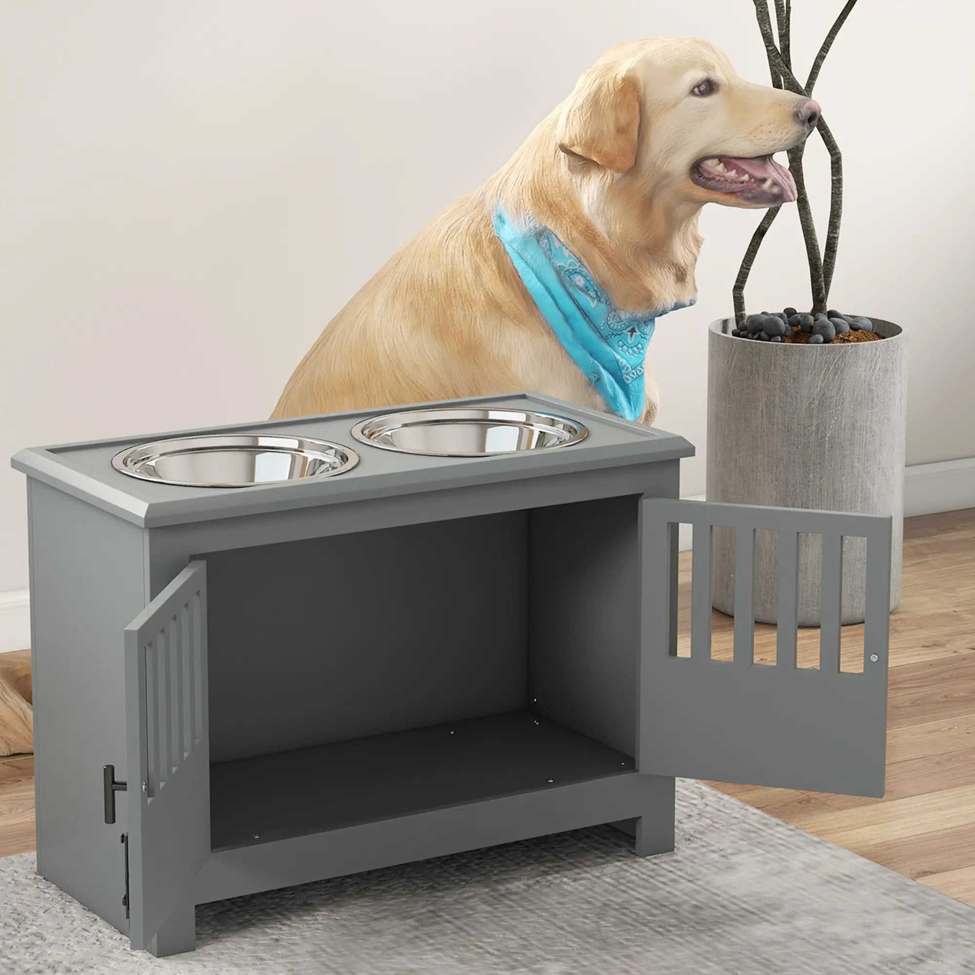 Raised Dog Bowls, Pet Feeding Station, with Storage, Food and Water Bowls, for Large Dogs - Grey