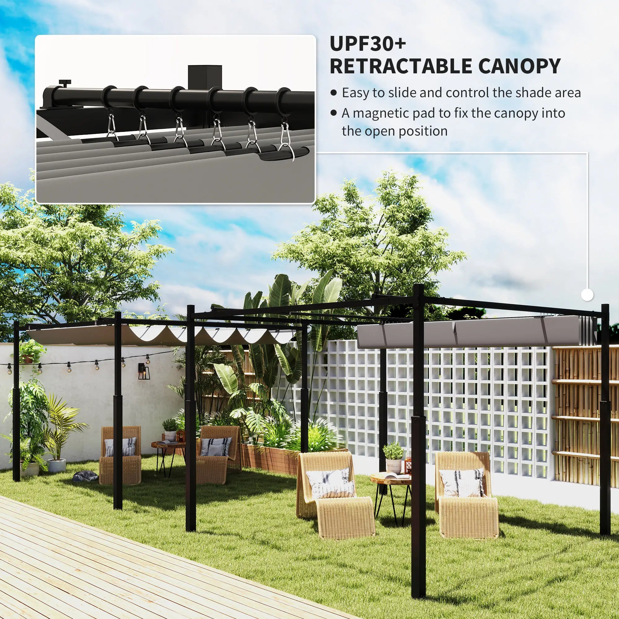 3 x 3(m) Metal Pergola with Retractable Roof and Magnetic Fixture, Outdoor Gazebo Garden Pergola Kit Sun Shade Canopy, UPF30+, 80mm Metal Column, Grey