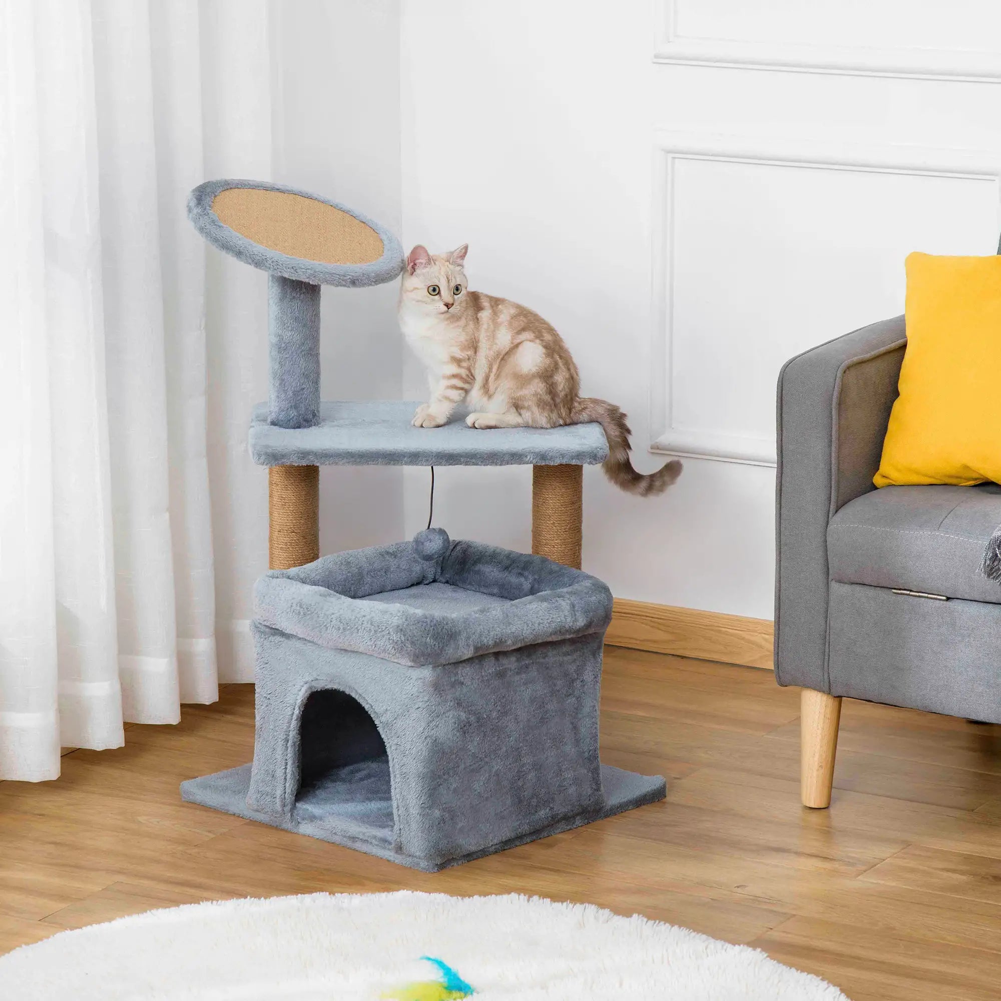 Cat Tree Tower for Indoor Cats, Cat Scratching Post with Bed, Cat House, Scratching Pad, Perch, Interactive Ball Toy 48 x 48 x 84cm, Grey