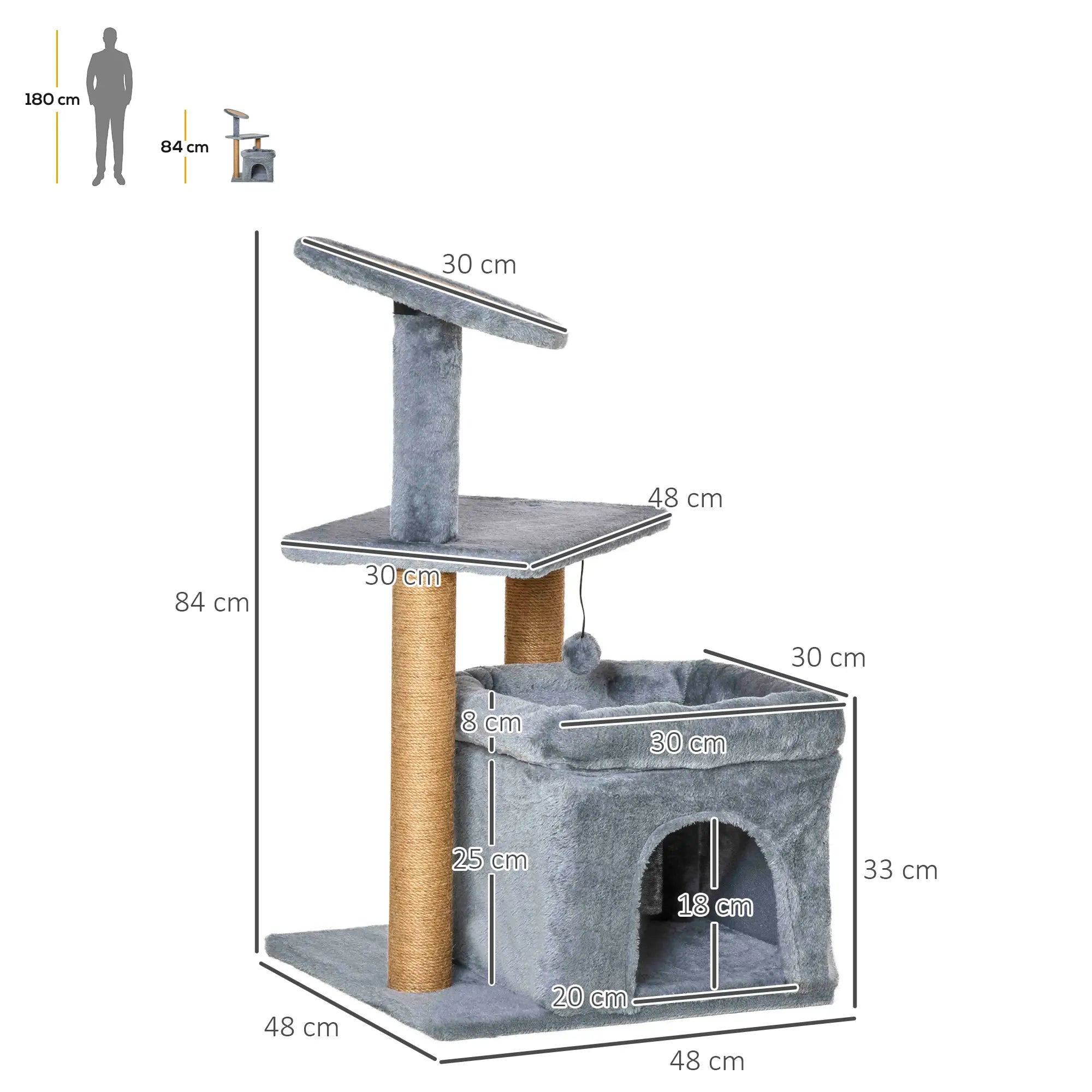 Cat Tree Tower for Indoor Cats, Cat Scratching Post with Bed, Cat House, Scratching Pad, Perch, Interactive Ball Toy 48 x 48 x 84cm, Grey