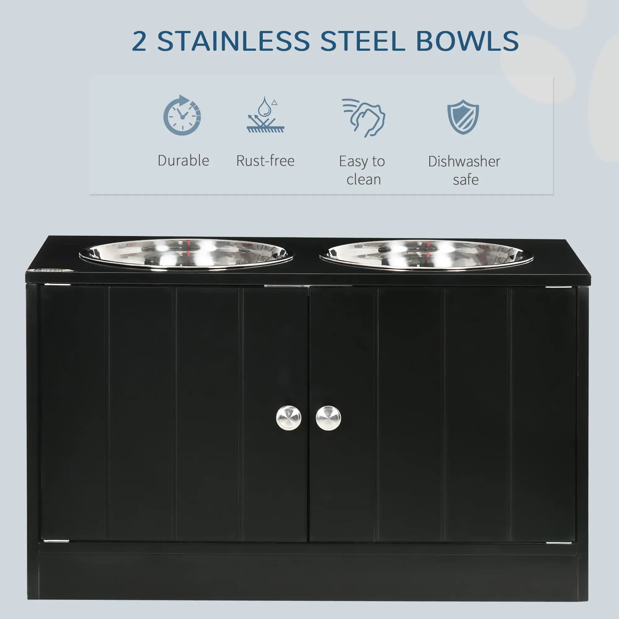 Raised Pet Feeder, with Two Bowls, Storage - Black