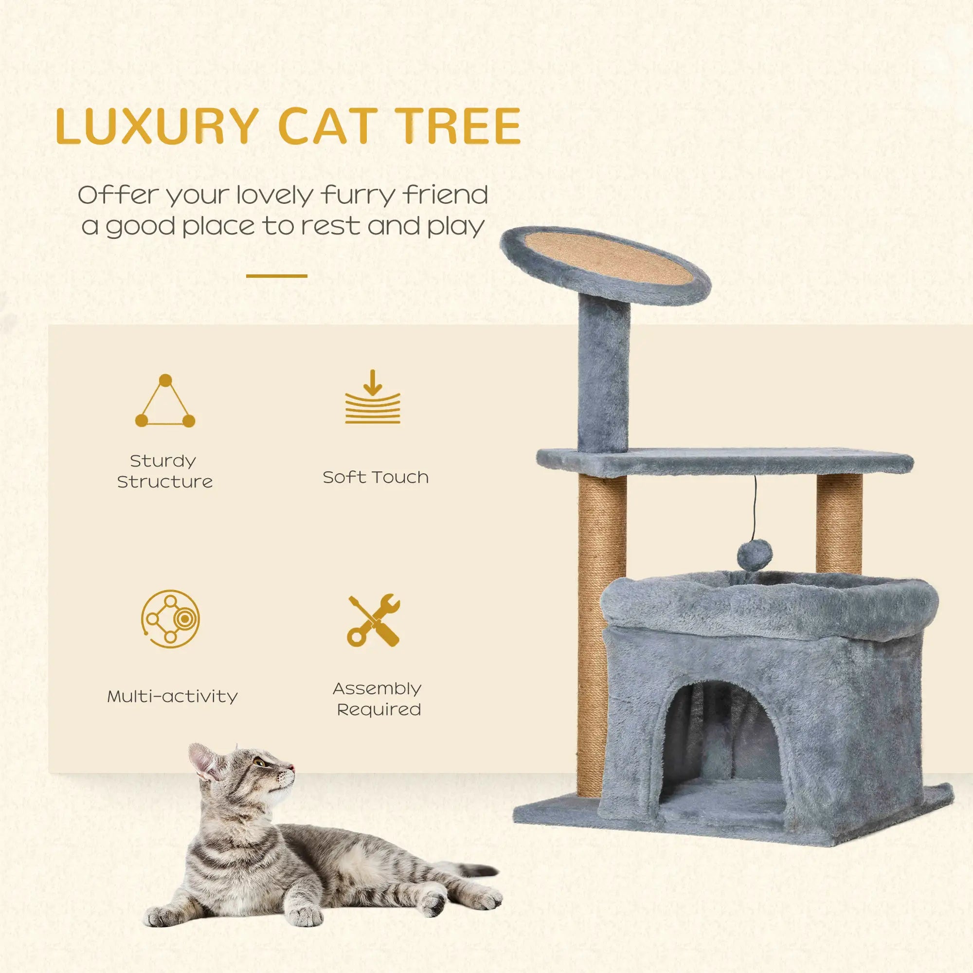 Cat Tree Tower for Indoor Cats, Cat Scratching Post with Bed, Cat House, Scratching Pad, Perch, Interactive Ball Toy 48 x 48 x 84cm, Grey