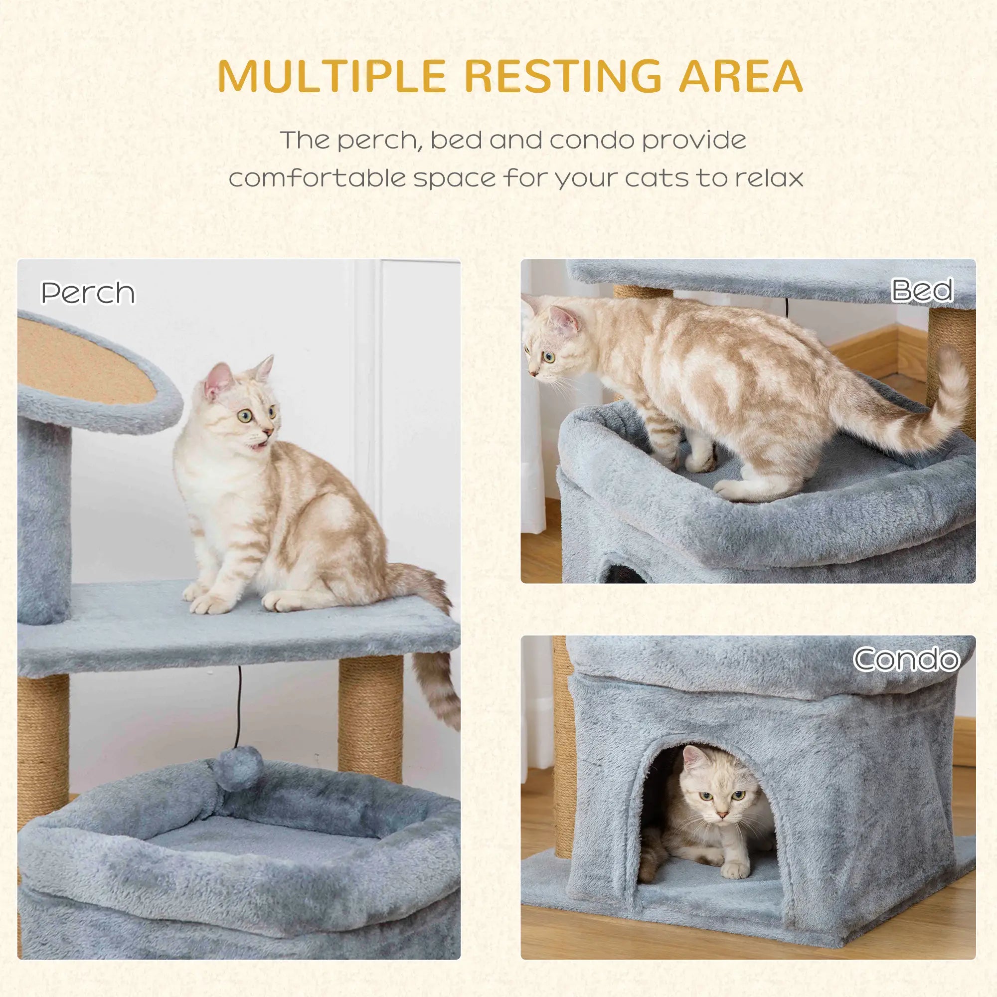Cat Tree Tower for Indoor Cats, Cat Scratching Post with Bed, Cat House, Scratching Pad, Perch, Interactive Ball Toy 48 x 48 x 84cm, Grey