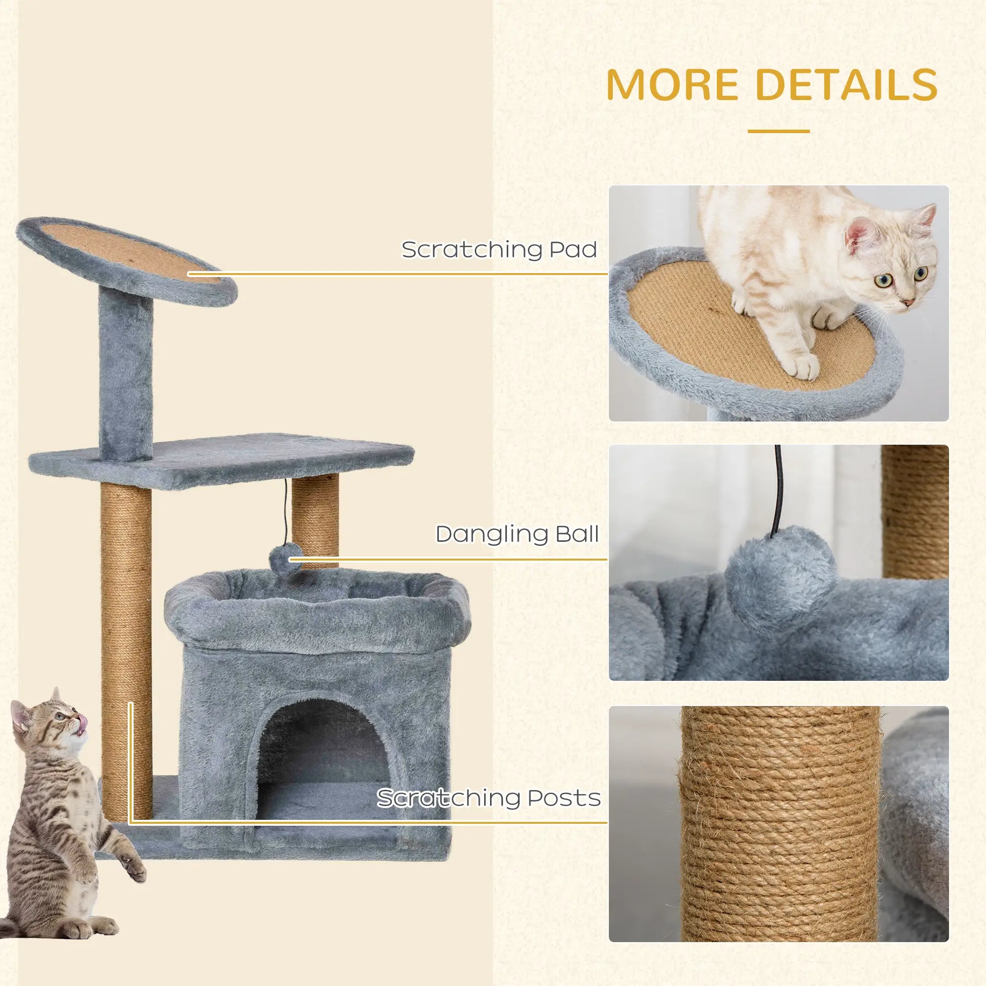 Cat Tree Tower for Indoor Cats, Cat Scratching Post with Bed, Cat House, Scratching Pad, Perch, Interactive Ball Toy 48 x 48 x 84cm, Grey
