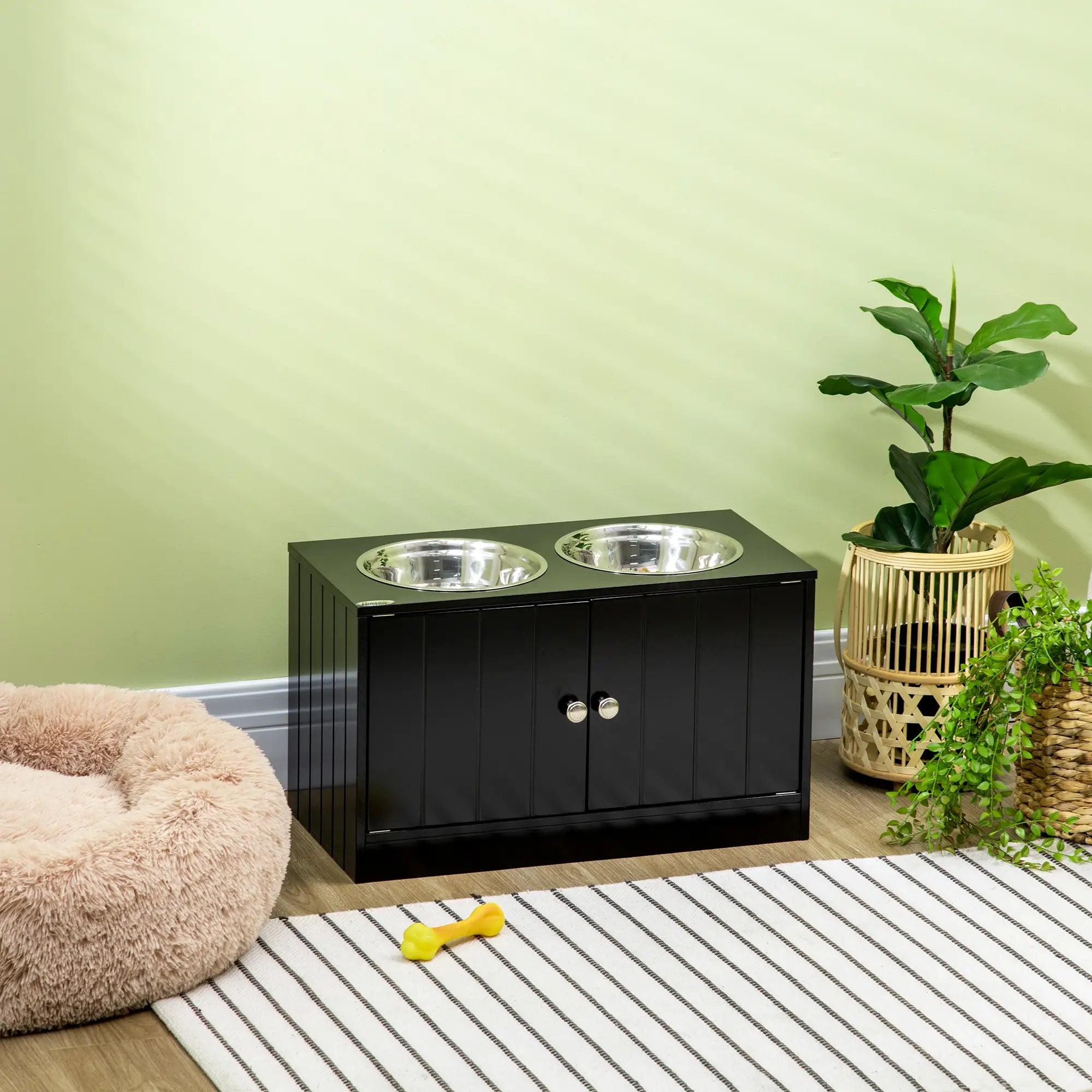Raised Pet Feeder, with Two Bowls, Storage - Black