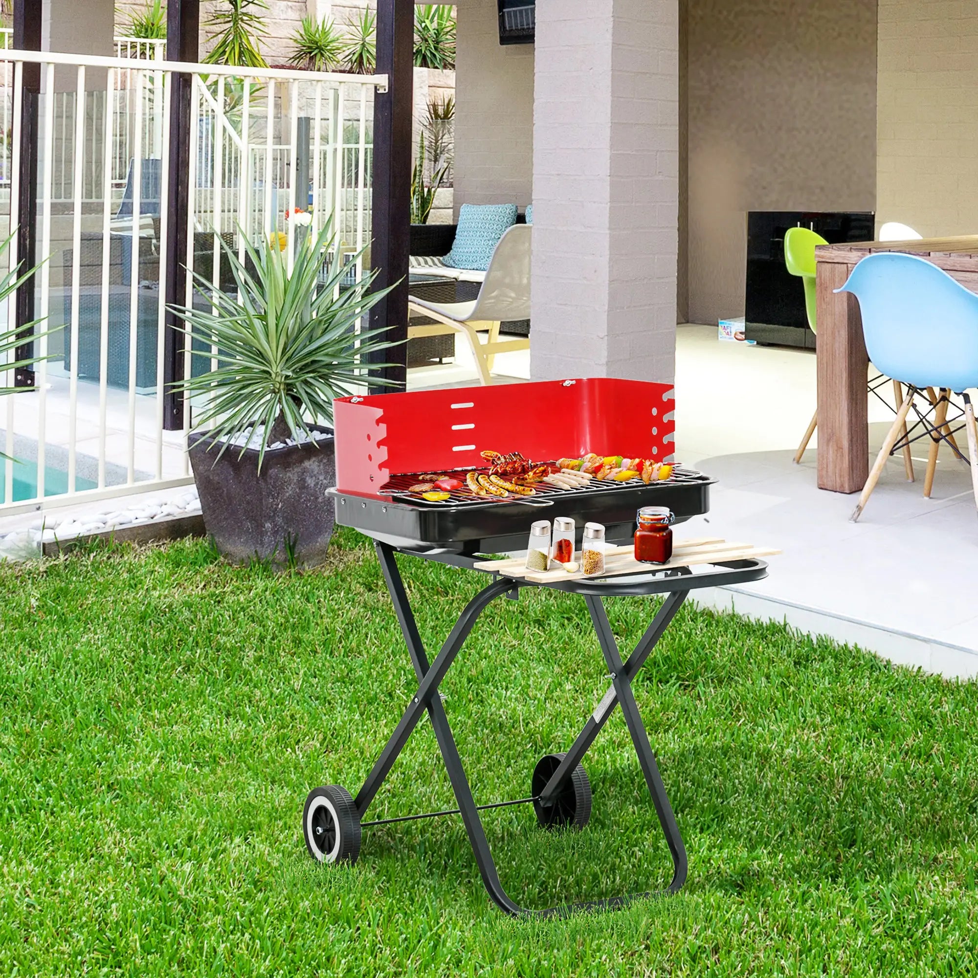 Charcoal Trolley BBQ Barbecue Grill Patio Camping Picnic Garden Party Outdoor Cooking with Windshield, Wheels Side Trays, Black/Red