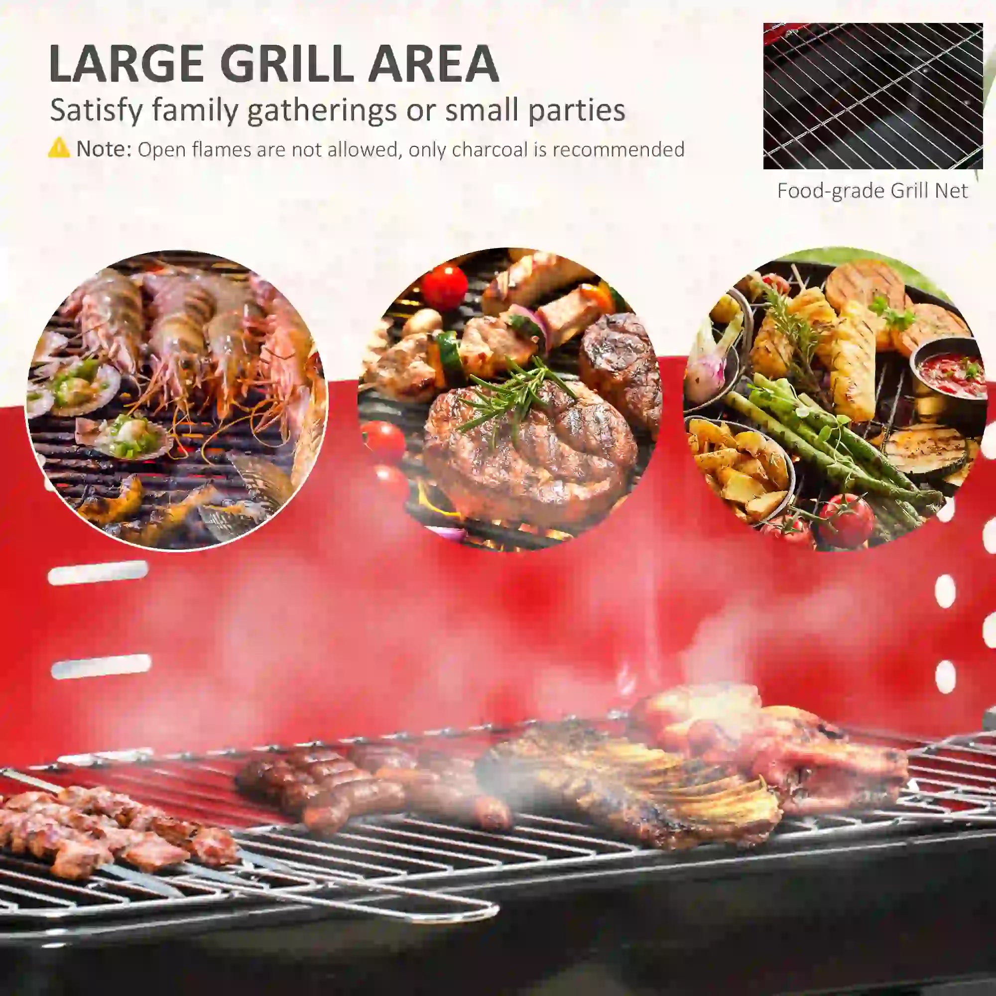 Charcoal Trolley BBQ Barbecue Grill Patio Camping Picnic Garden Party Outdoor Cooking with Windshield, Wheels Side Trays, Black/Red