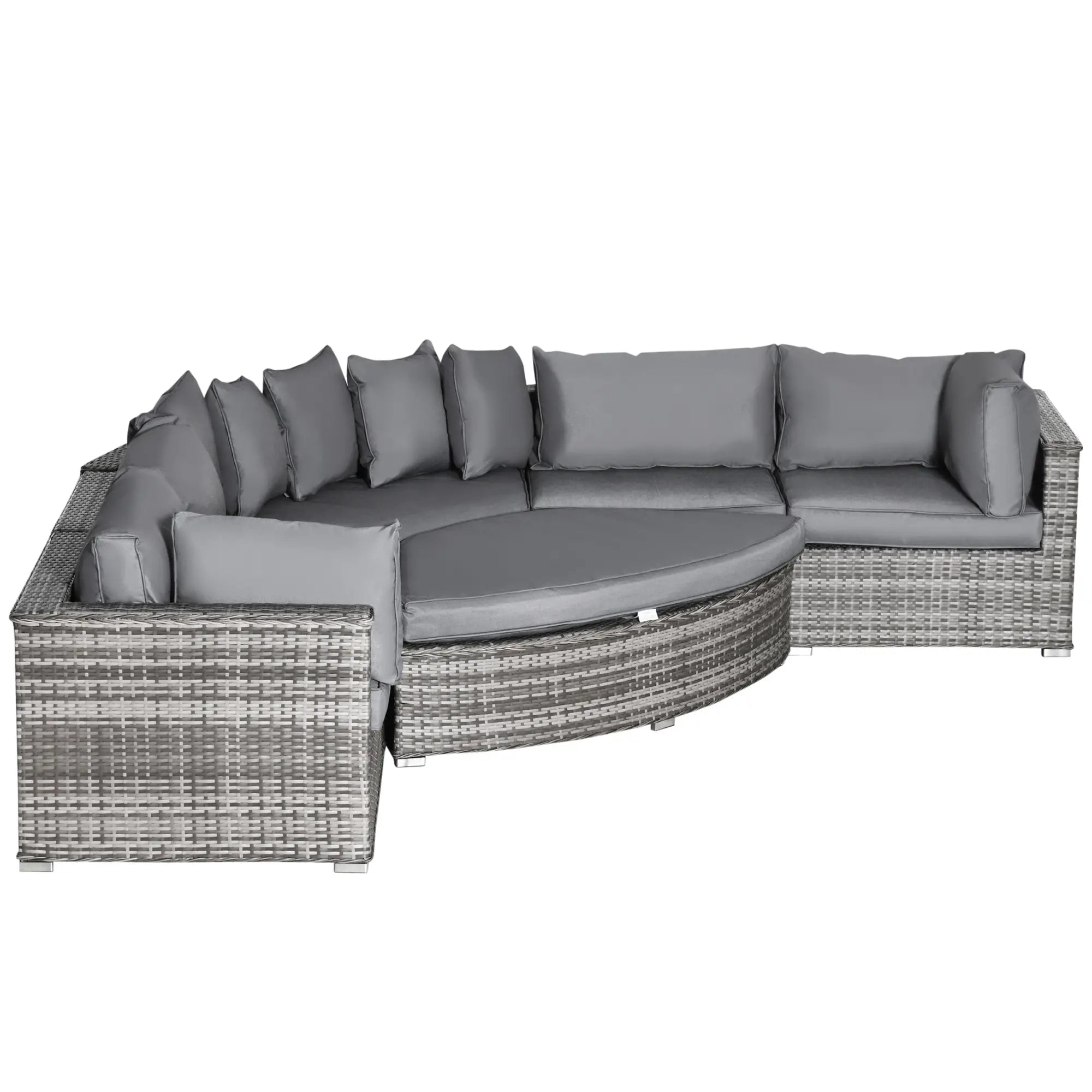 6 Pieces Outdoor PE Rattan Wicker Sofa Set with 10cm Thick Padded Cushionsand Half Round Patio Conversation Furniture Set with Angled Corner Designand Ottomansand and Back Pillows, Grey