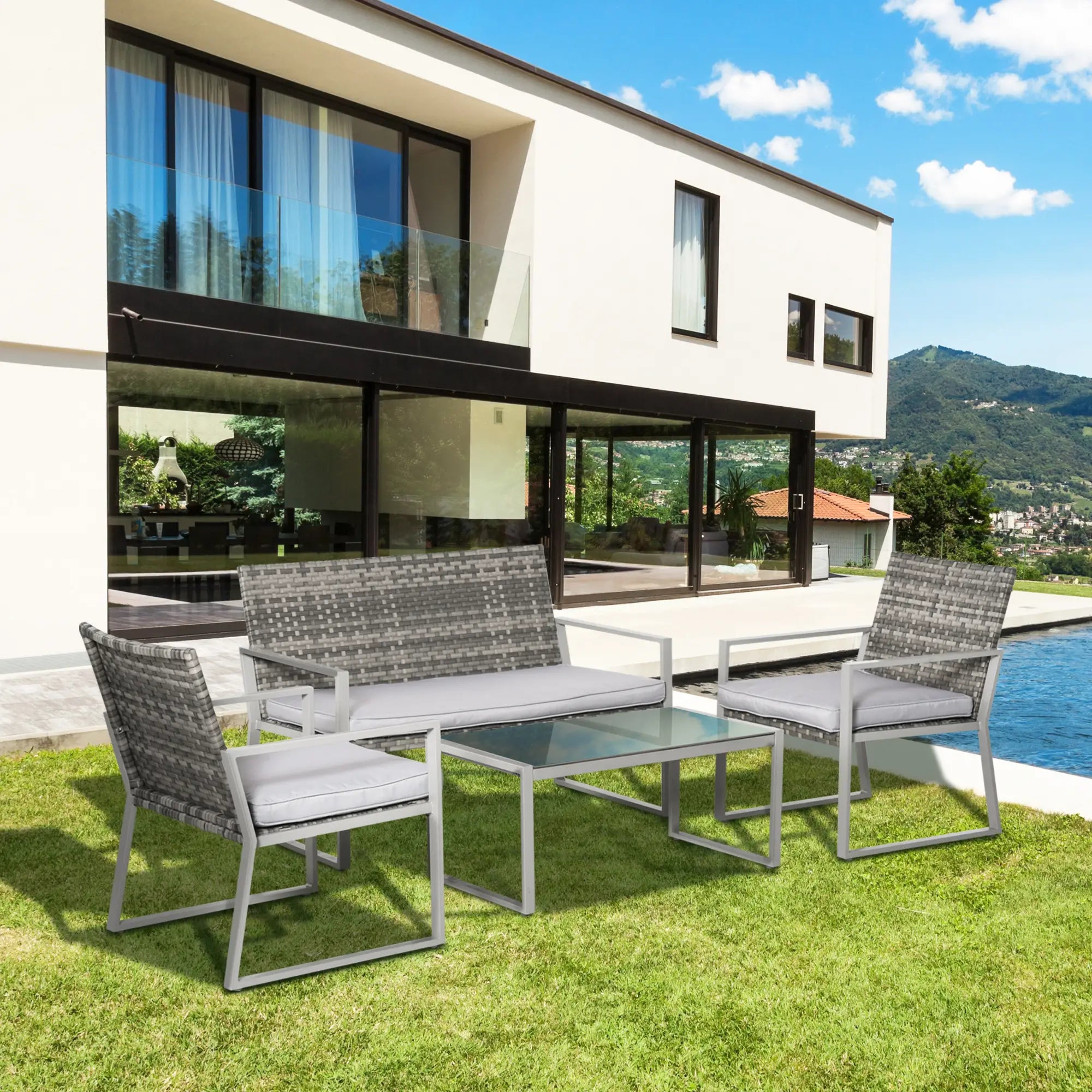 4PC Rattan Garden Furniture Set 2 Single Sofa Arm Chairs 1 Bench with Cushions & Coffee Table Patio Backyard Wicker Weave