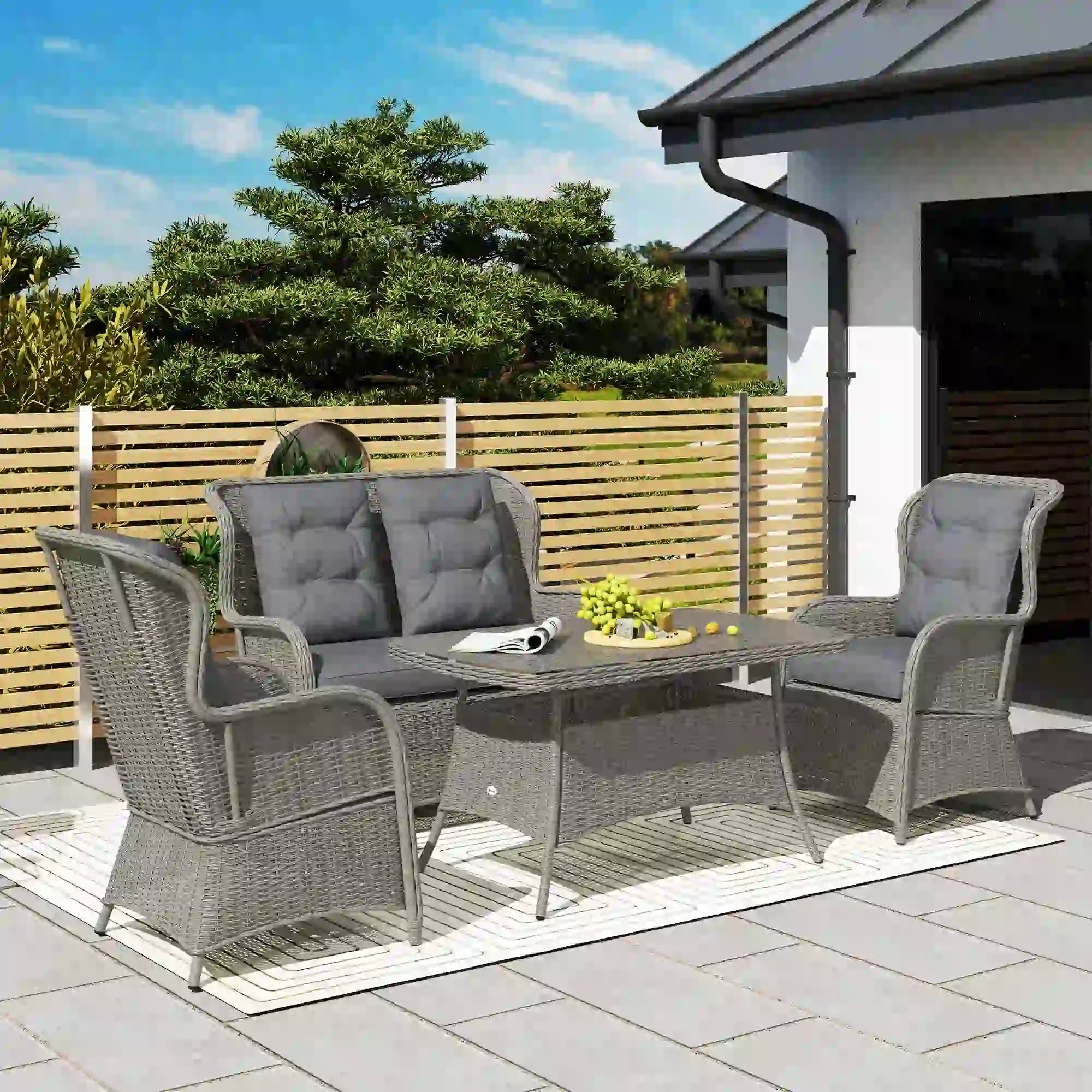 Garden PE Rattan Dining Sofa Set, Outdoor 4 Seater Wicker Furniture, High Back Chairs with Cushions, Tempered Glass Coffee Table for Patio, Light Grey