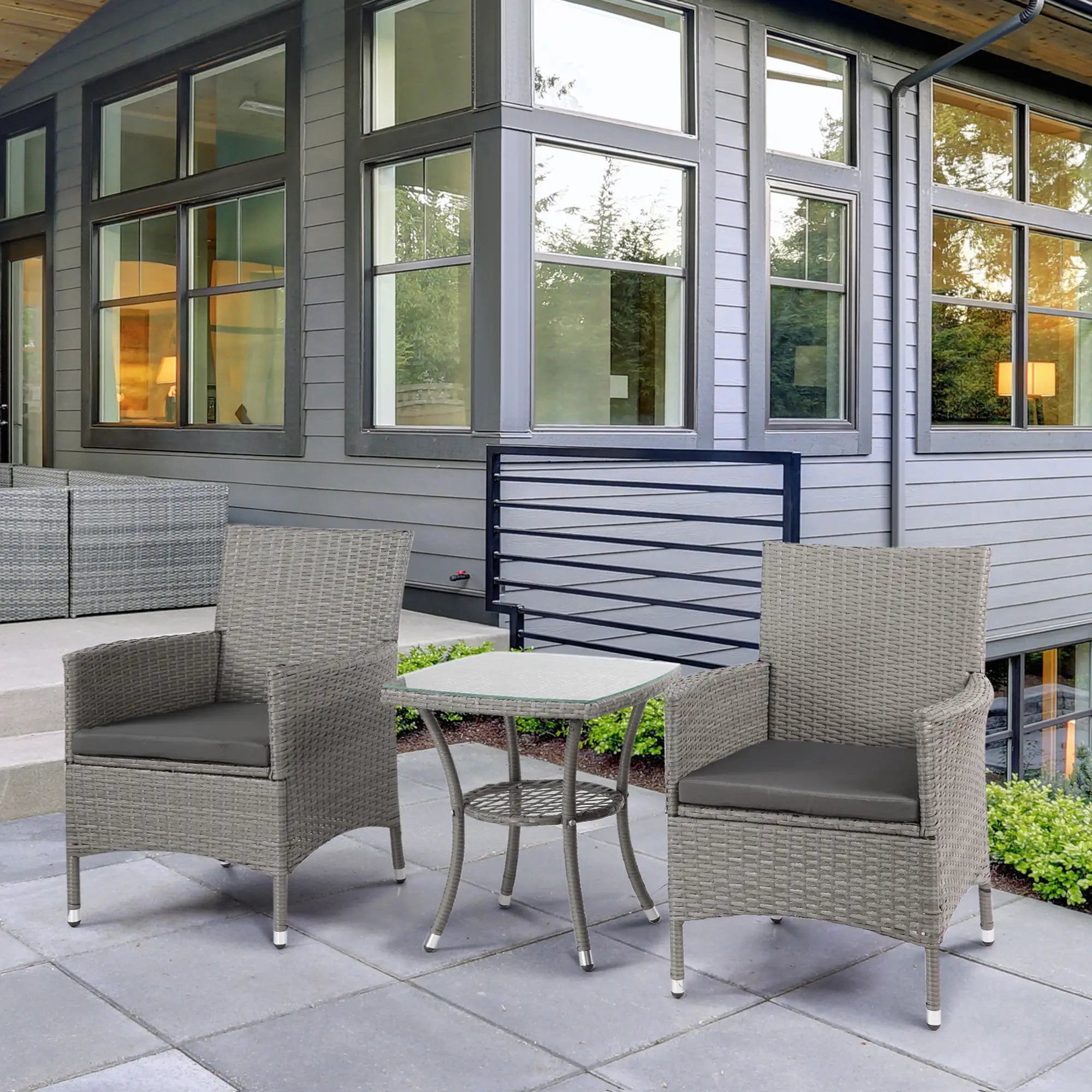 3 Pieces Rattan Bistro Set, Wicker Garden Furniture Set with 2-Tier Coffee Table and Chairs, Washable Cushions, for Outdoor Patio Balcony, Grey