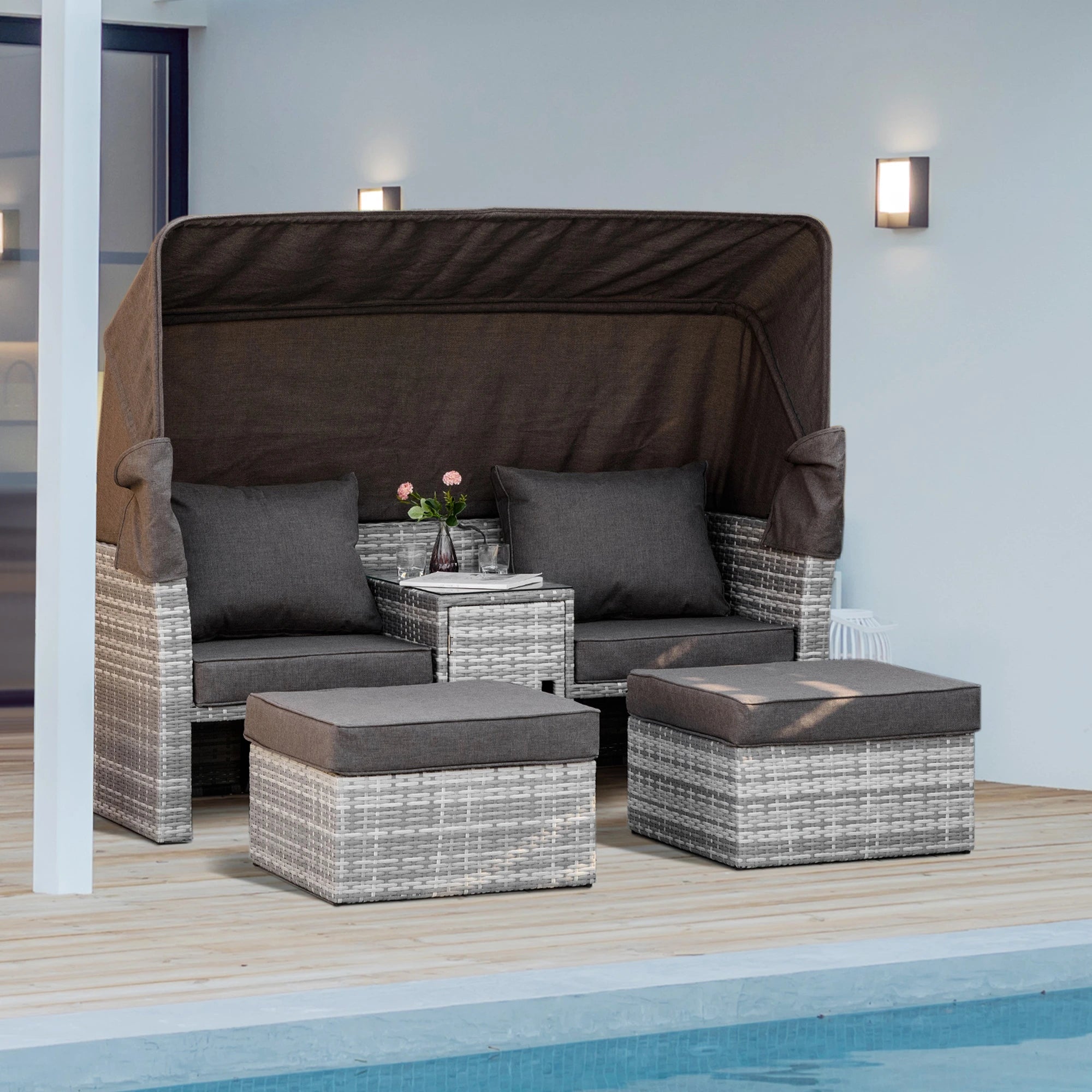 2-Seater Outdoor Rattan Daybed Sofa Footstool Coffee Table Set w/ Canopy, Cushion