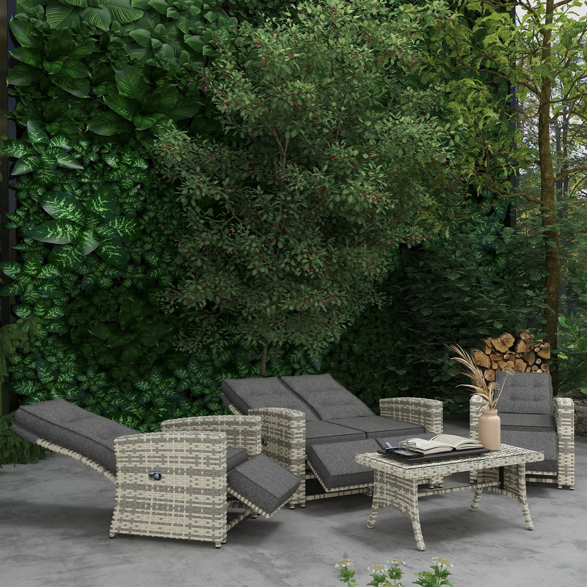 4 Piece Rattan Garden Furniture Set Outdoor Sofa Sectional Set with Glass Top Table for Poolside, Light Grey