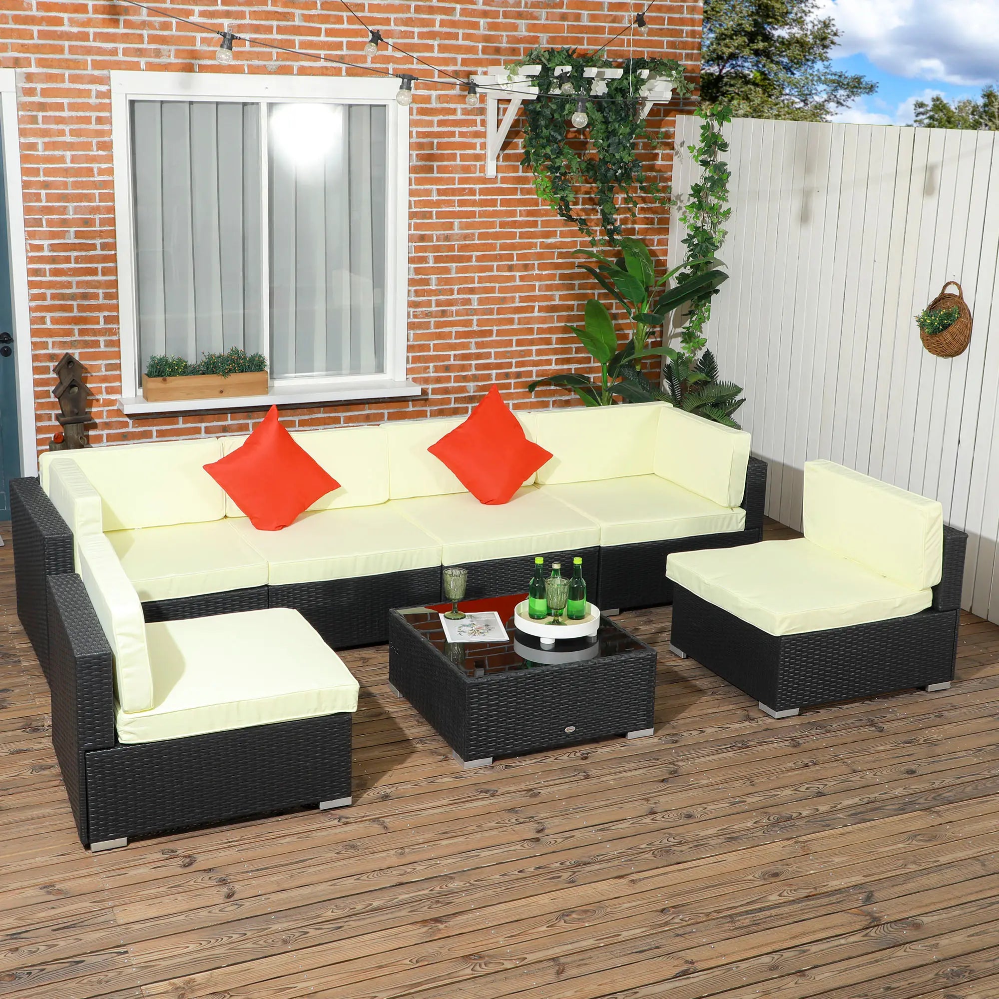 Seven-Piece Rattan Garden Set, with Glass-Top Table - Black/Beige