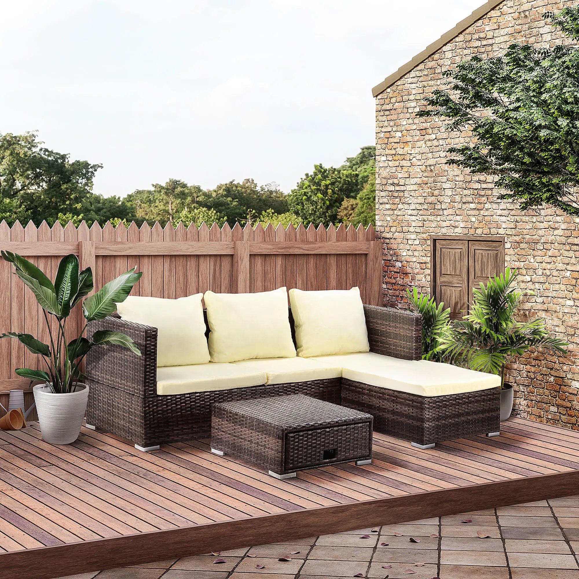 3 Pieces Rattan Garden Furniture Sofa Set, 4 Seater Garden Corner Sofa with 5-Level Reclining Sun Lounger and Storage Coffee Table, Outdoor Furniture Conservatory Set with Cushions, Brown