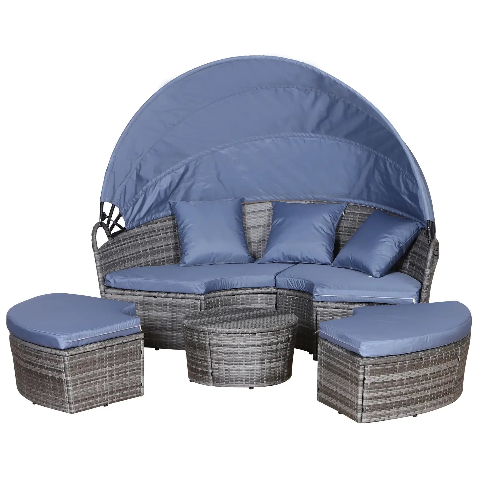 PE Rattan Lounge Set, 5 Pieces Patio Conversation Furniture Set, Garden Round Sofa Bed with Cushion and Retractable Canopy, Grey