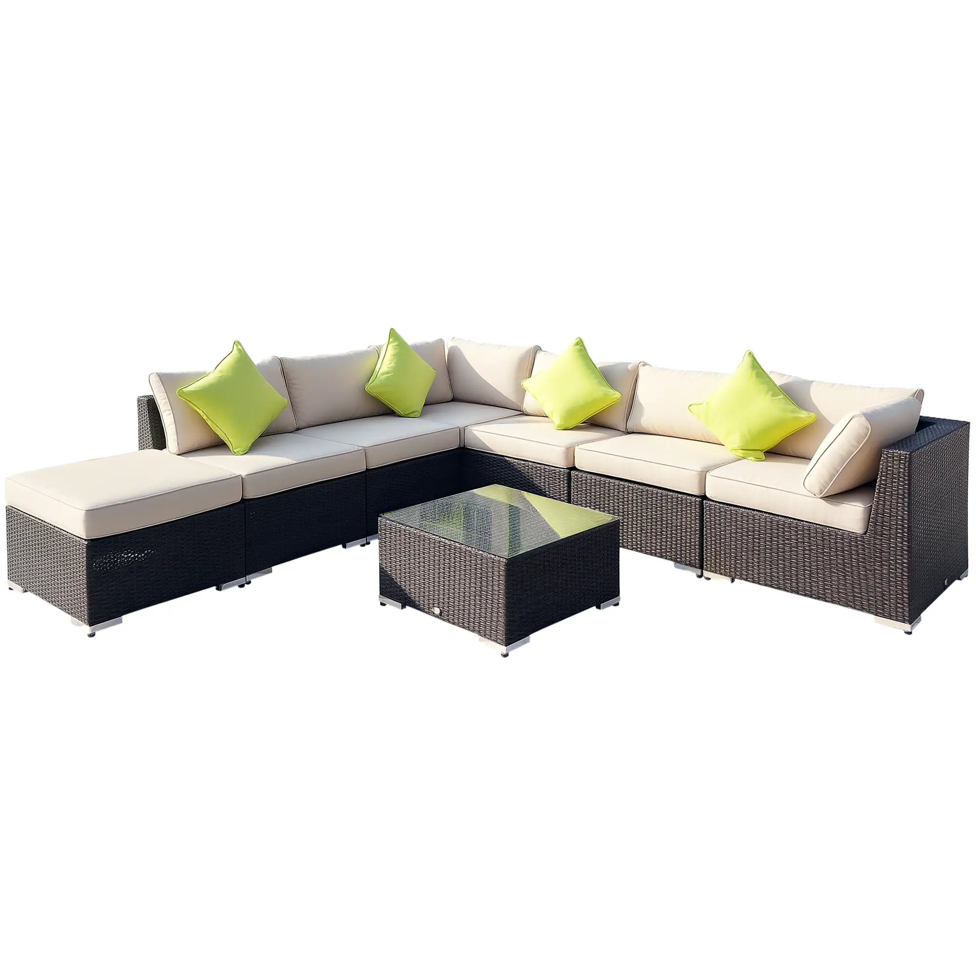 8 Pieces PE Rattan Corner Sofa Set with Thick Cushions, Aluminium Outdoor Rattan Garden Furniture Set with Glass Top Table, No Assembly Required, Mixed Brown