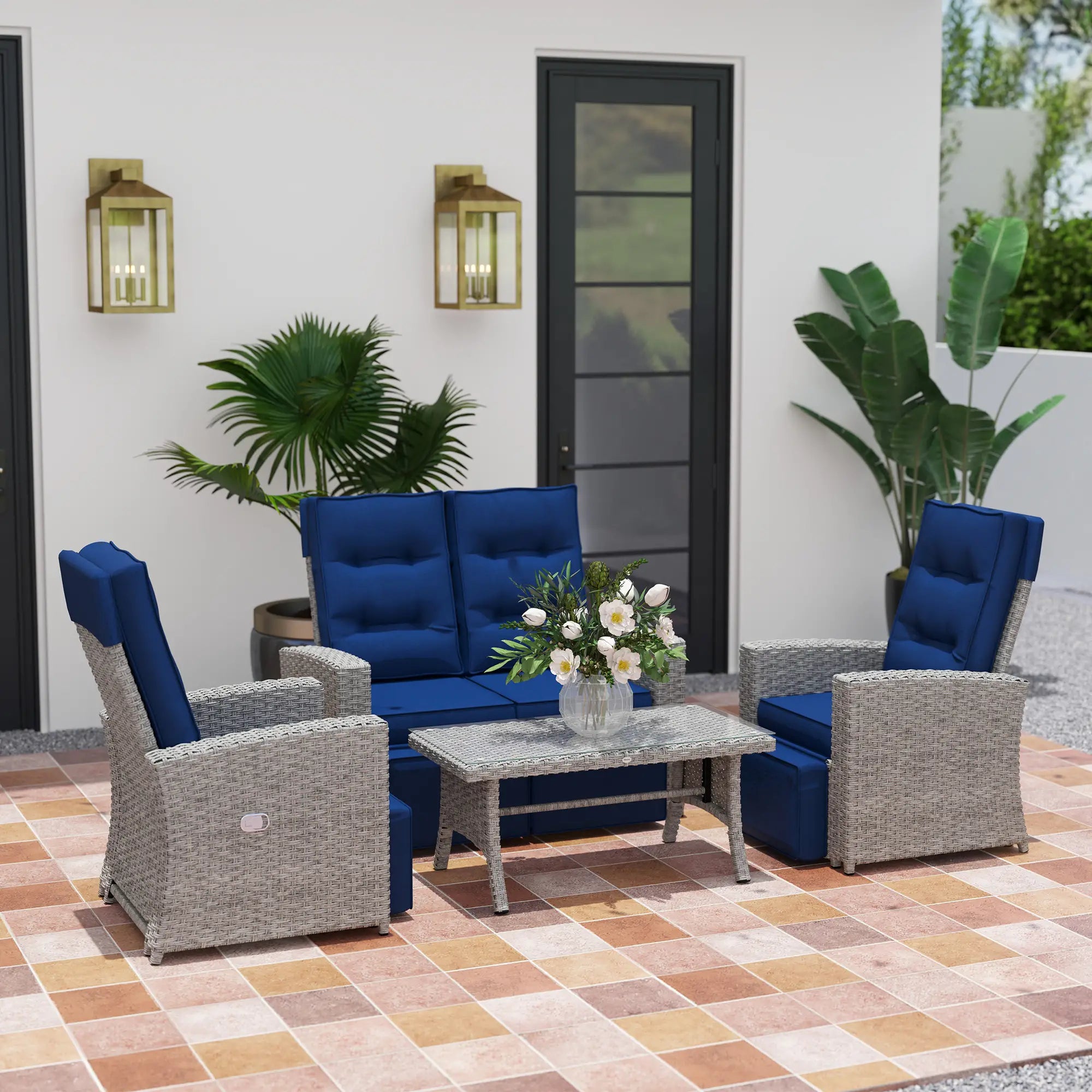 4 Piece Rattan Garden Furniture Set Outdoor Sofa Sectional Set with Glass Top Table for Poolside, Navy Blue