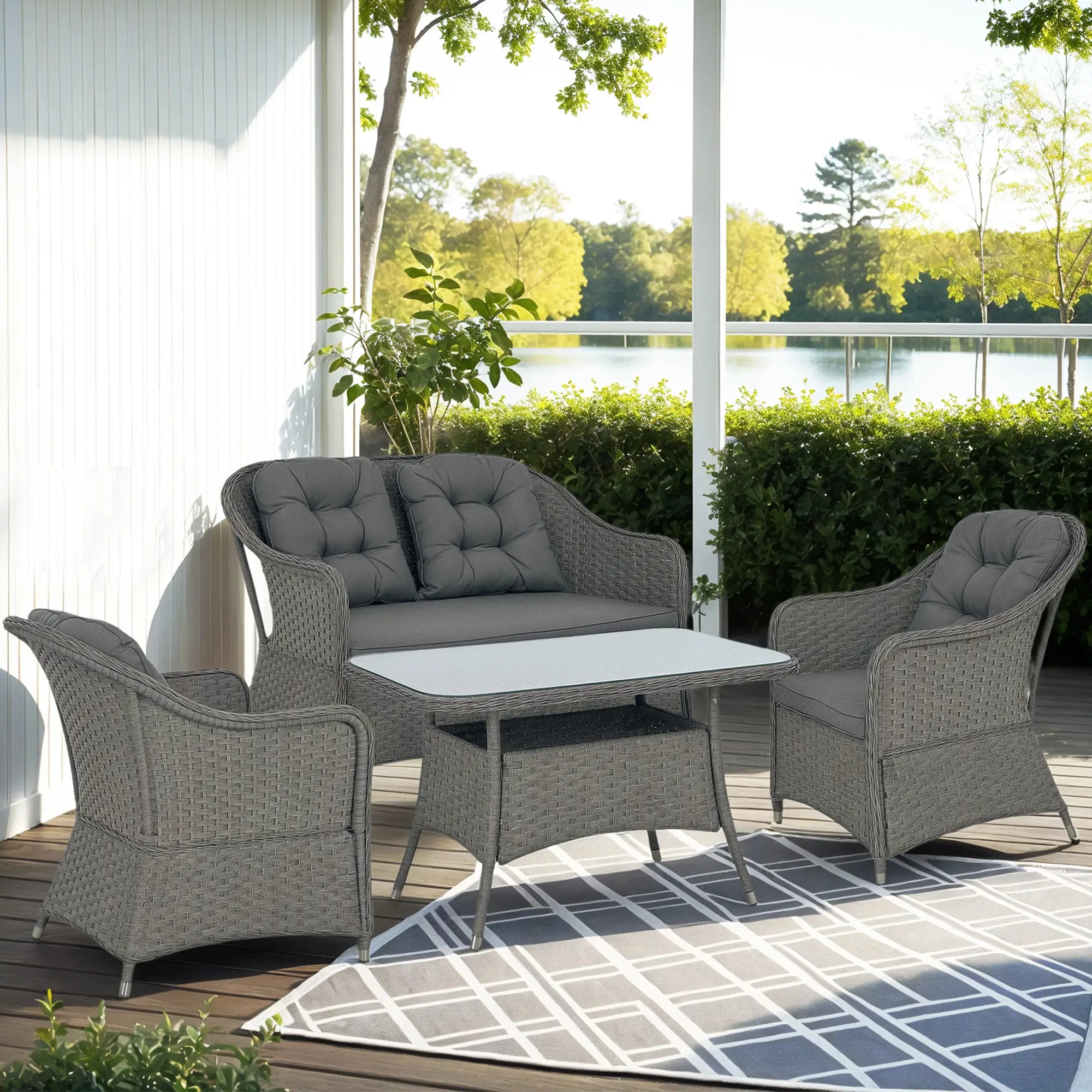 Four-Piece Rattan Set, with Glass-Top Table - Light Grey