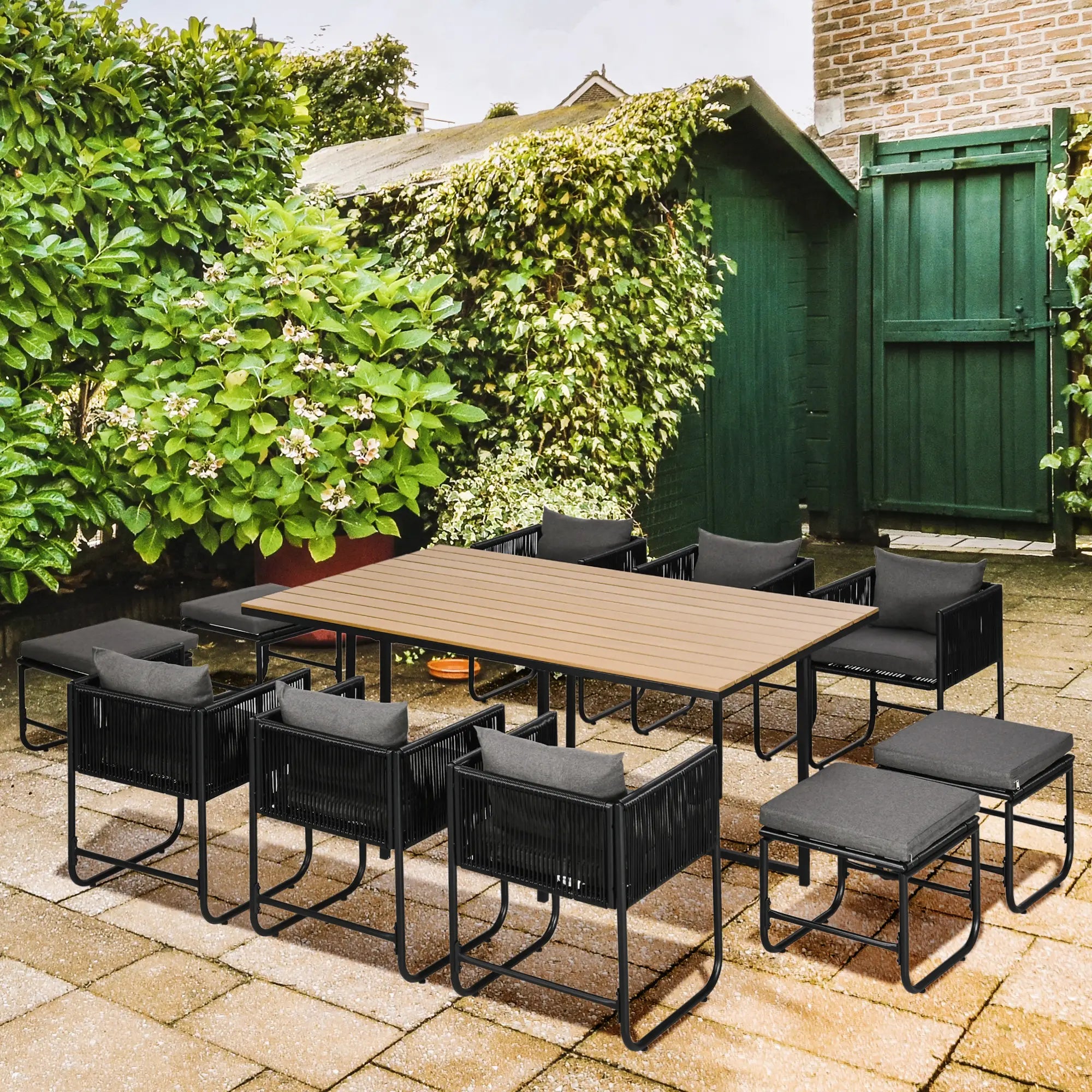 0 Seater Rattan Cube Garden Furniture Set, Rattan Dining Set with Cushions, Outdoor Dining Table and Chairs with 6 Armchairs, 4 Stools, Rectangular Wood Grain Plastic Top Table, Black
