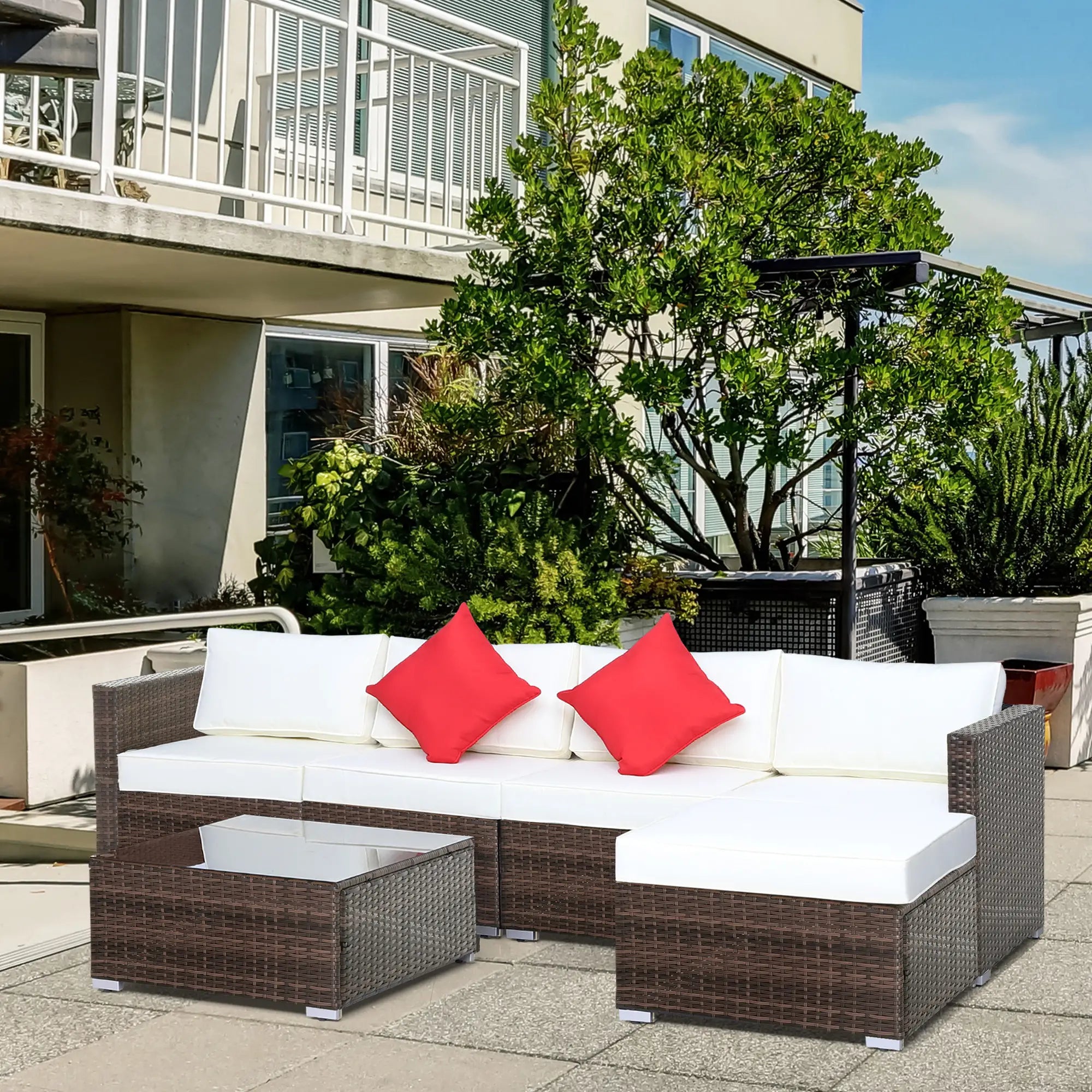 6 Pieces Rattan Garden Furniture Set, 5 Seater Sectional Garden Corner Sofa Set with Glass Top Coffee Table, Cushions and Pillows, All-Weather Wicker Conversation Furniture, Cream White