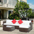 6 Pieces Rattan Garden Furniture Set, 5 Seater Sectional Garden Corner Sofa Set with Glass Top Coffee Table, Cushions and Pillows, All-Weather Wicker Conversation Furniture, Cream White