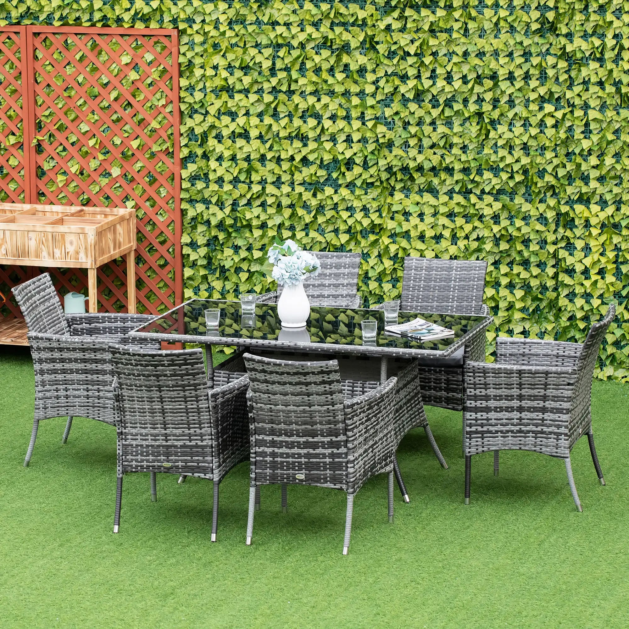 7-Piece Rattan Garden Furniture Set with Cushions, 6 Seater Garden Table and Chairs, Rattan Dining Set with 6 Armchairs, Rectangular Glass Top Table, Grey