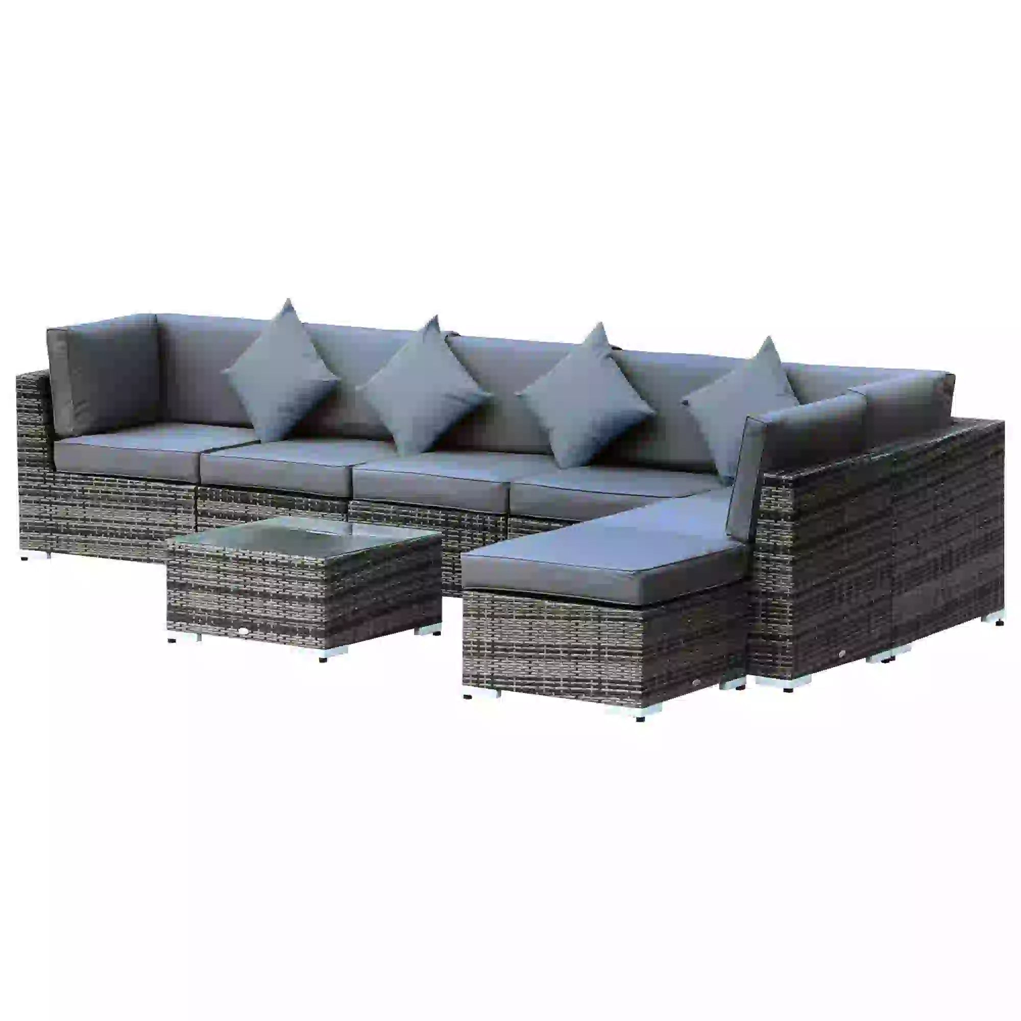 8 Pieces PE Rattan Corner Sofa Set with Thick Cushions, Aluminium Outdoor Rattan Garden Furniture Set with Glass Top Table, No Assembly Required, Grey