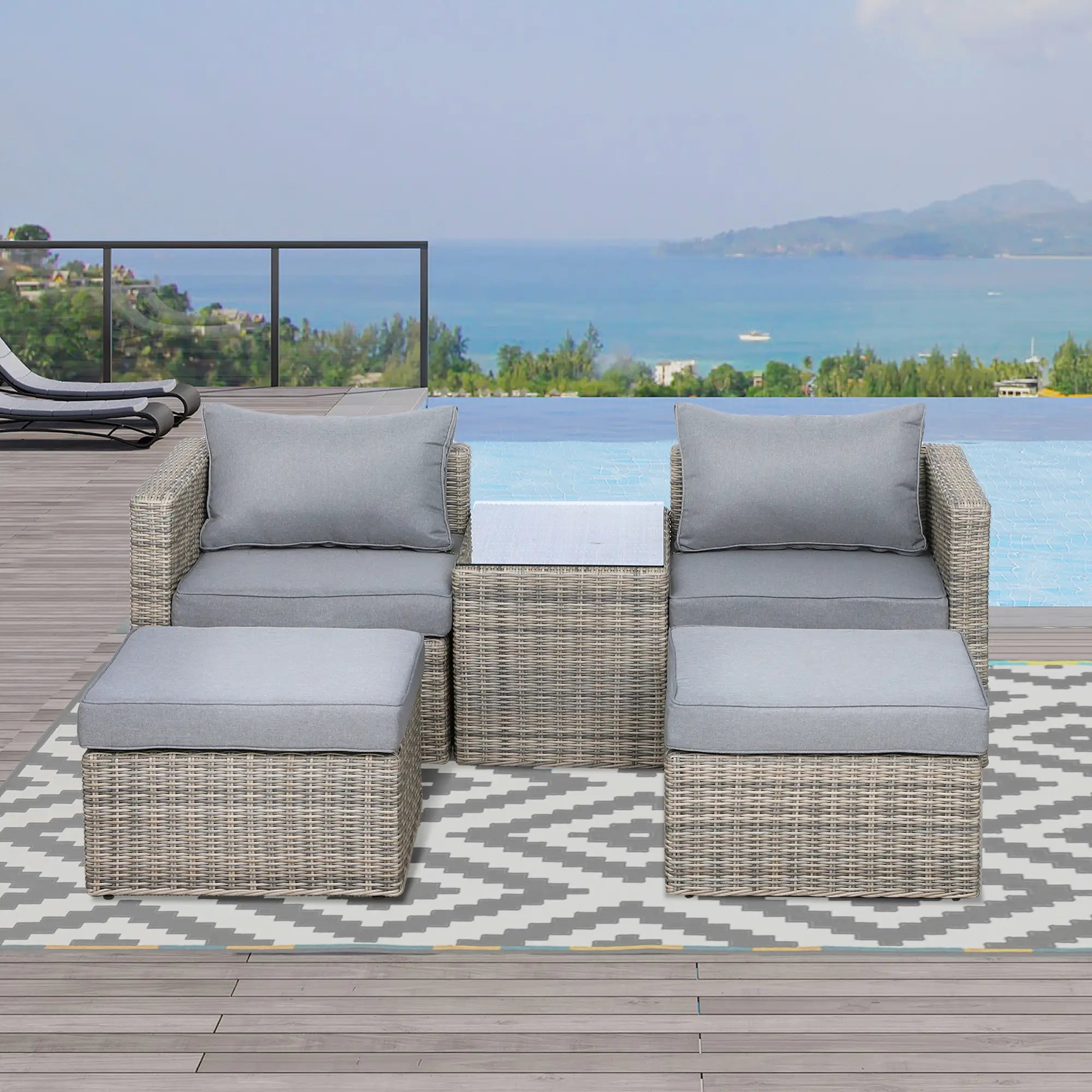 5 Piece Rattan Garden Furniture Set w/ 10cm Thick Cushions, Aluminium Frame Wicker Outdoor Balcony Sofa Set with Corner Armchairs, Ottomans, and Glass Top Table, Mixed Brown