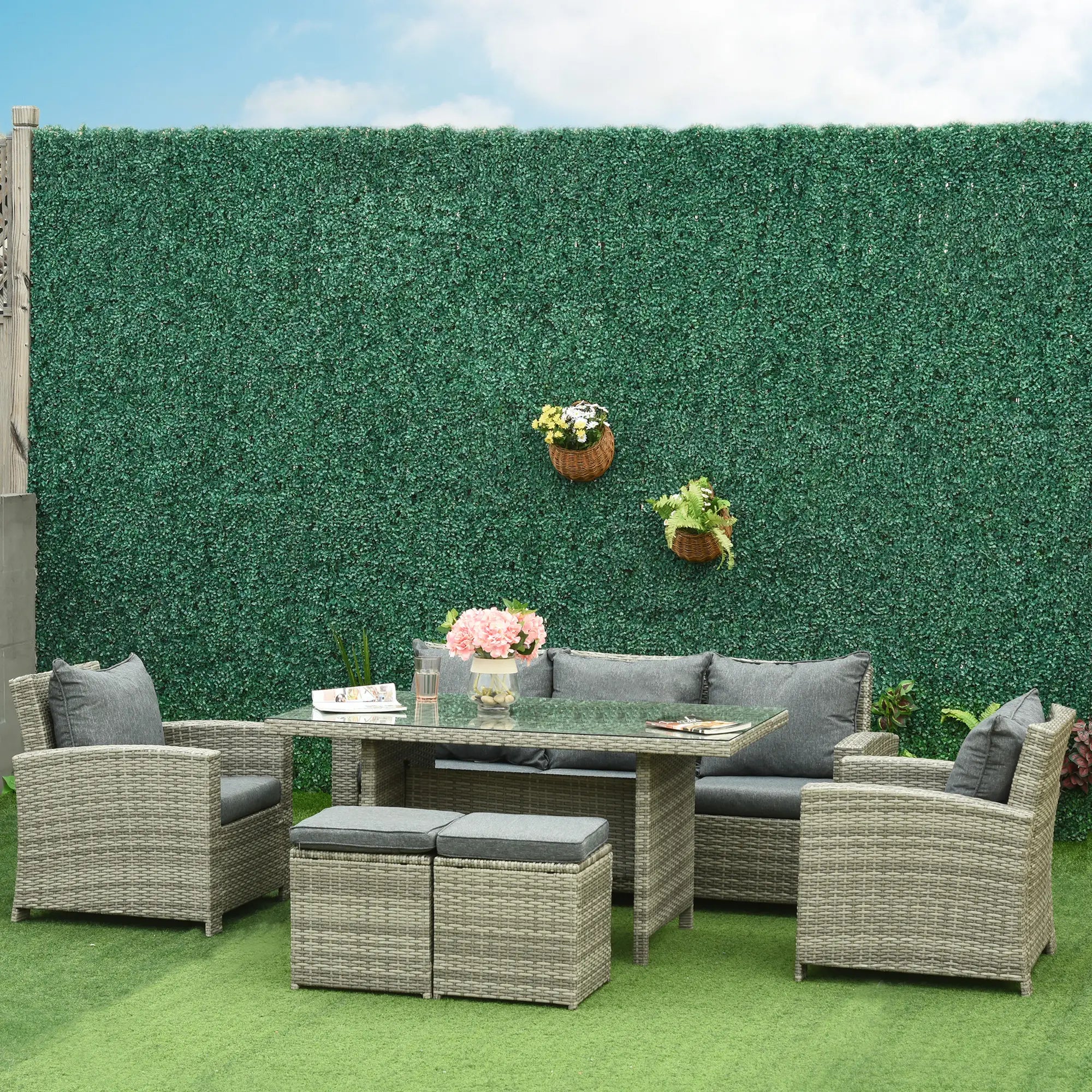 6 Pieces PE Rattan Garden Furniture Set with Three-seat, Armchairs and Footstools, Aluminium Patio Wicker Dining Sets w/ Glass Top Dining Table, Soft Cushion, Light Grey