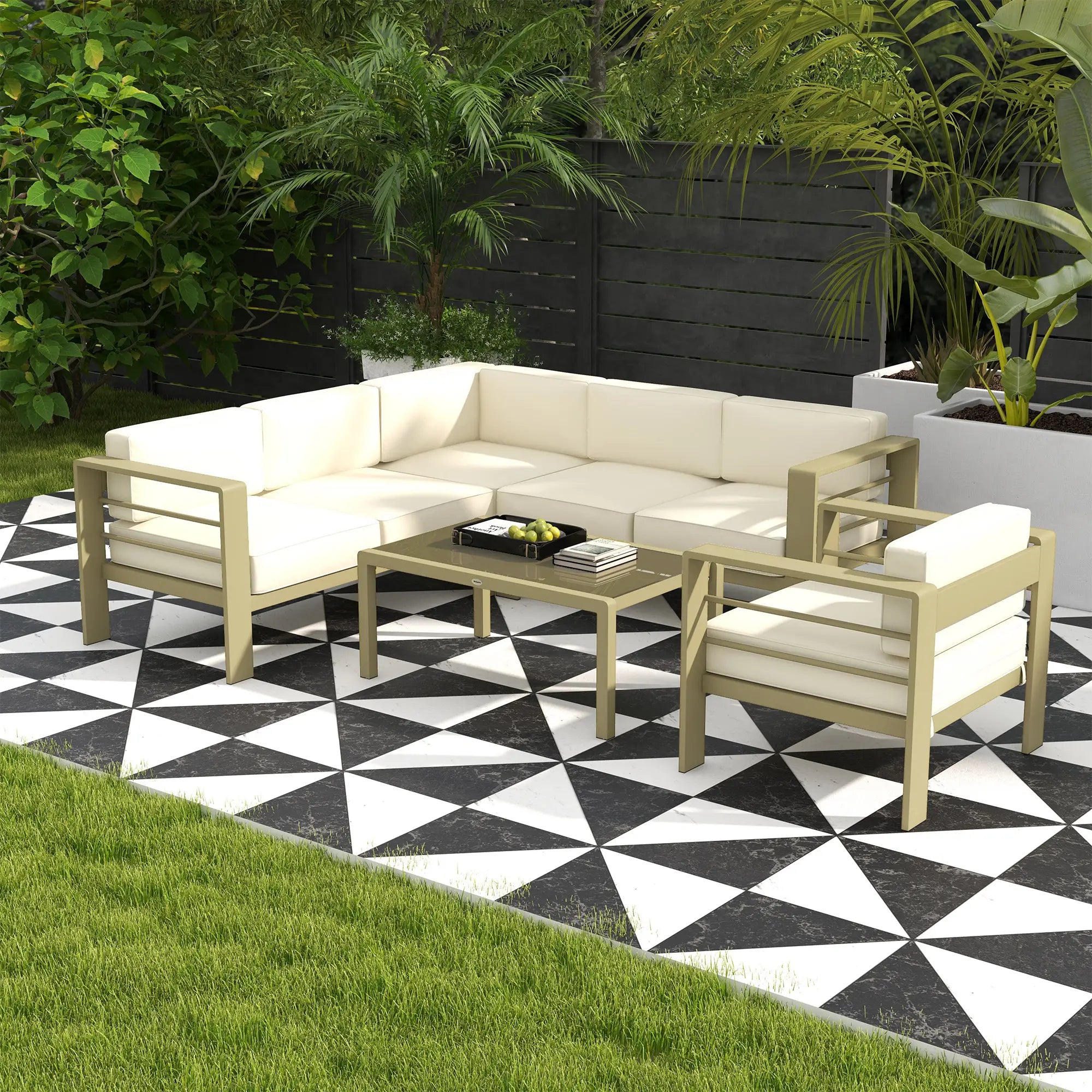 5-Piece Garden Corner Sofa Set with Cushions, 6 Seater Aluminium Garden Furniture Set with Glass Top Coffee Table, Patio Sectional Conservatory Furniture for Patio & Terrace, Gold Tone