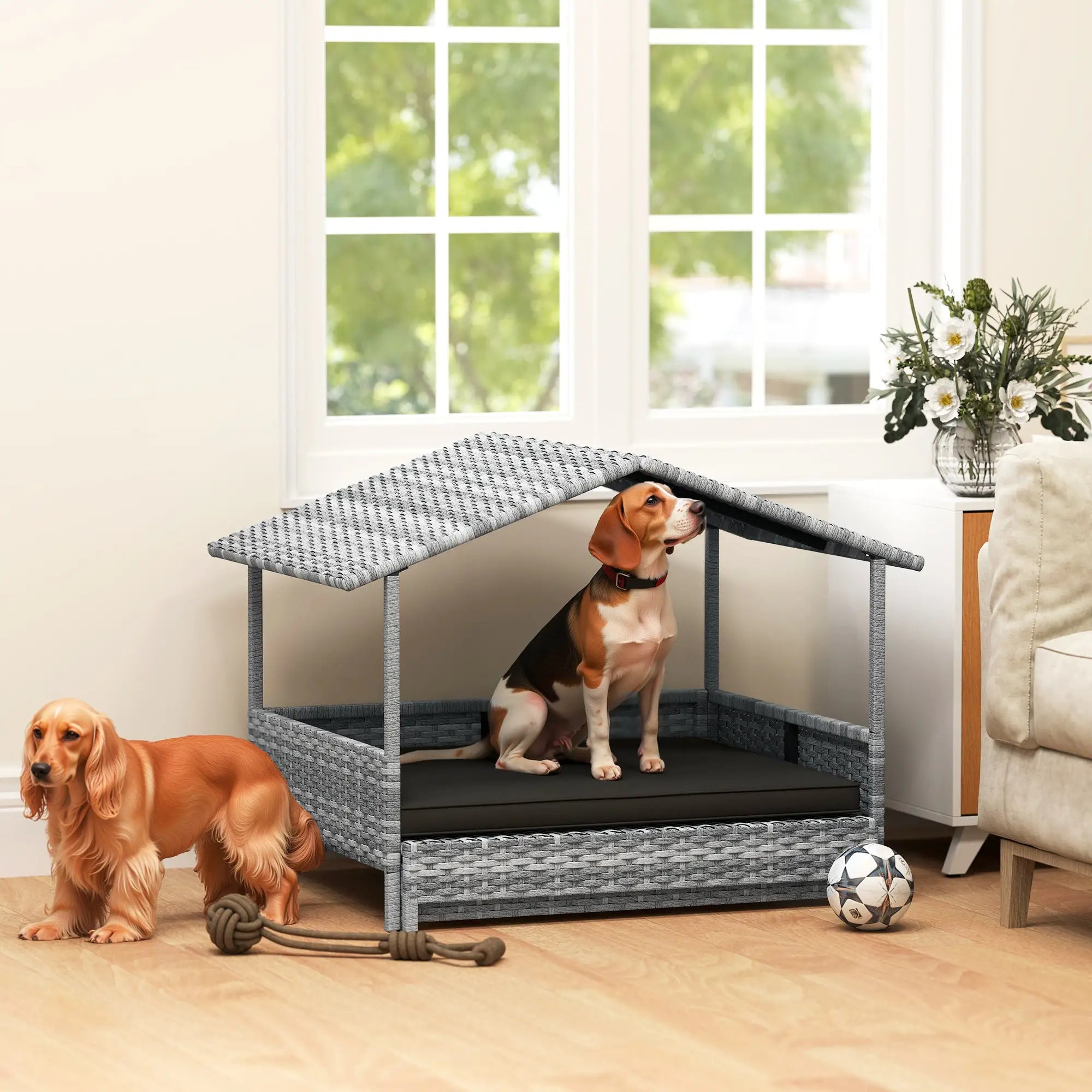 Extendable Elevated Dog Bed, Rattan Dog House, with Water-Resistant Roof, Removable Cushion, Charcoal Grey