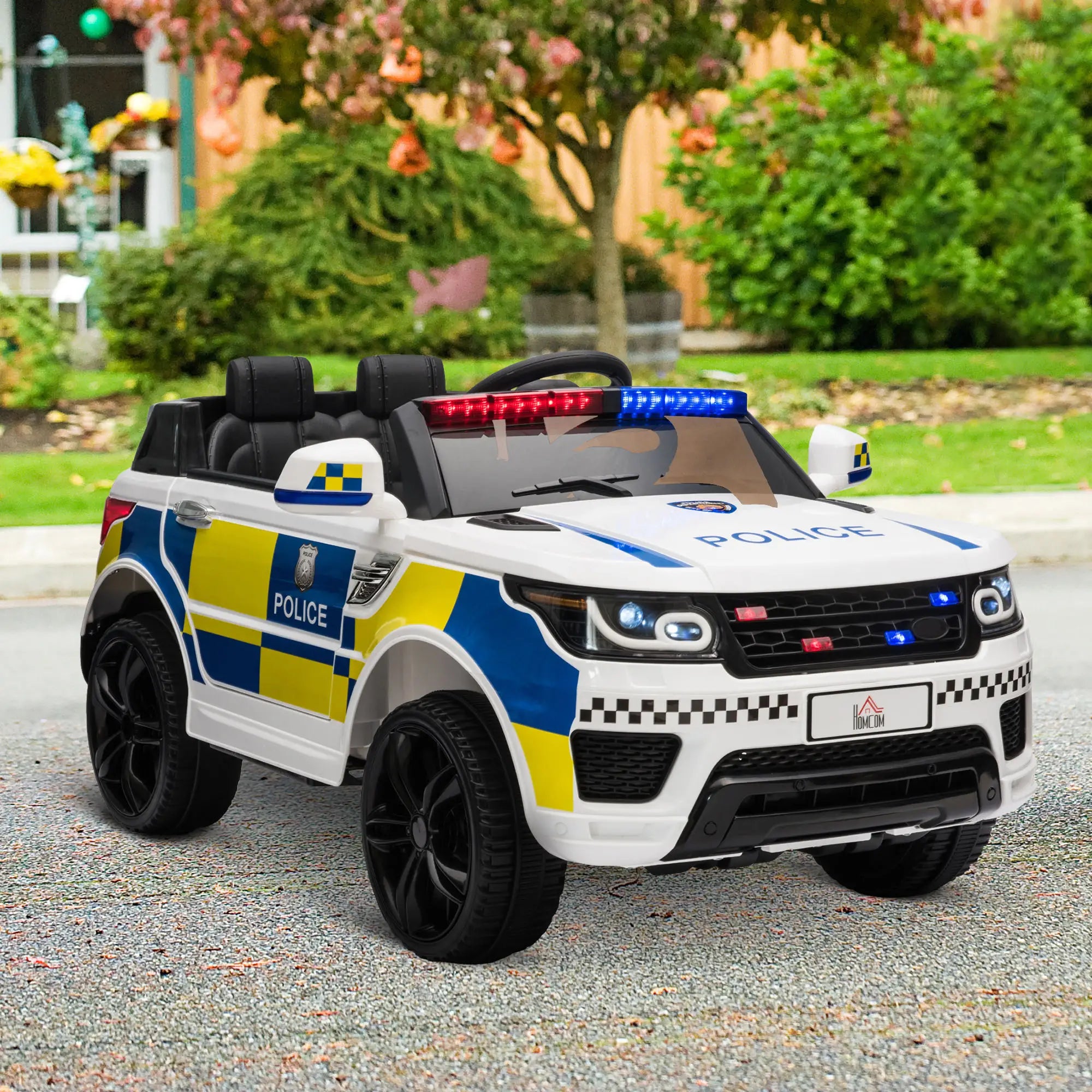 12V Kids Electric Ride On Police Car 2 Motors with Parental Remote Control Siren Flashing Lights USB Portable for 3-6 Years White