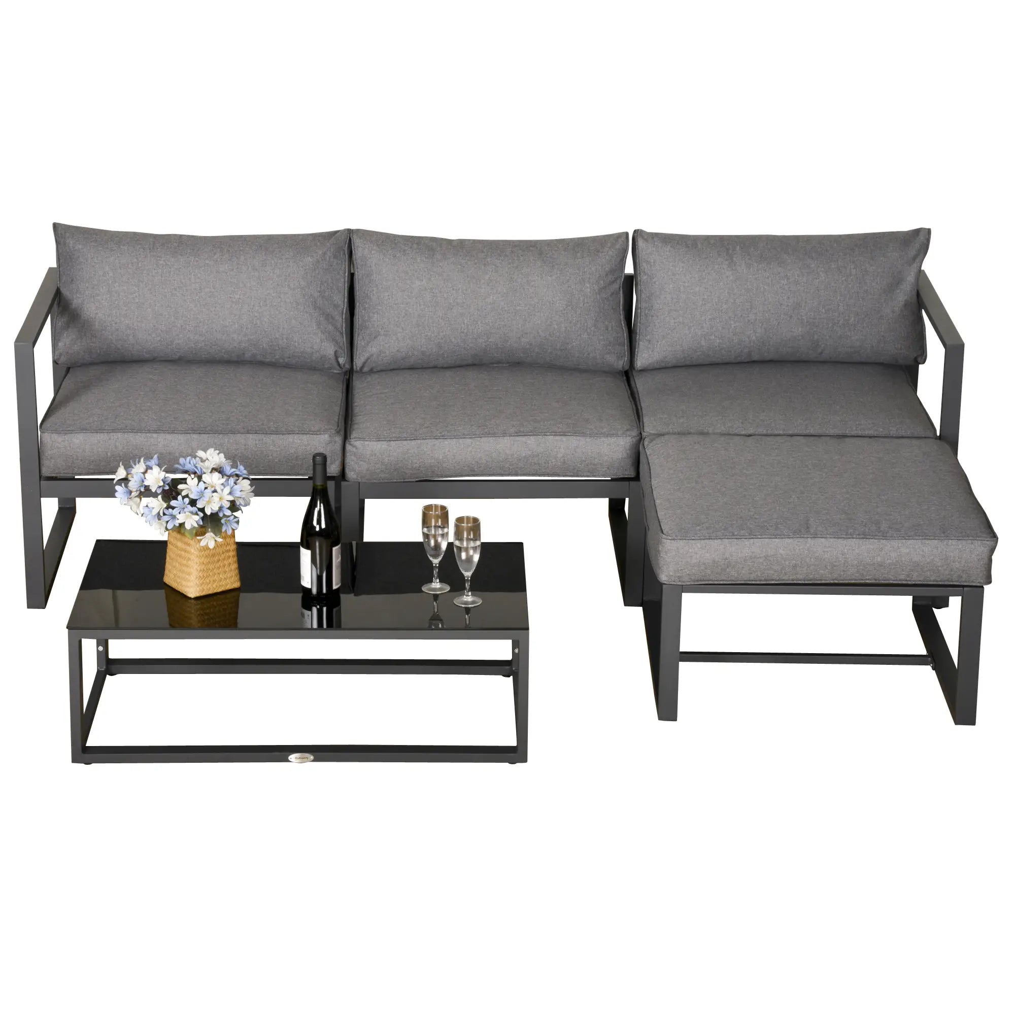 5 Pieces Outdoor Patio Furniture Set, Sofa Couch with Glass Coffee Table, Cushioned Chairs and Aluminum Tube, for Balcony Garden Backyard, Grey