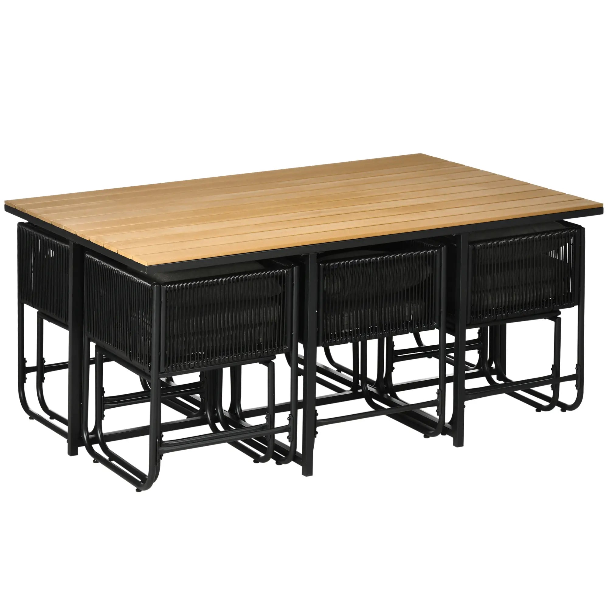 0 Seater Rattan Cube Garden Furniture Set, Rattan Dining Set with Cushions, Outdoor Dining Table and Chairs with 6 Armchairs, 4 Stools, Rectangular Wood Grain Plastic Top Table, Black